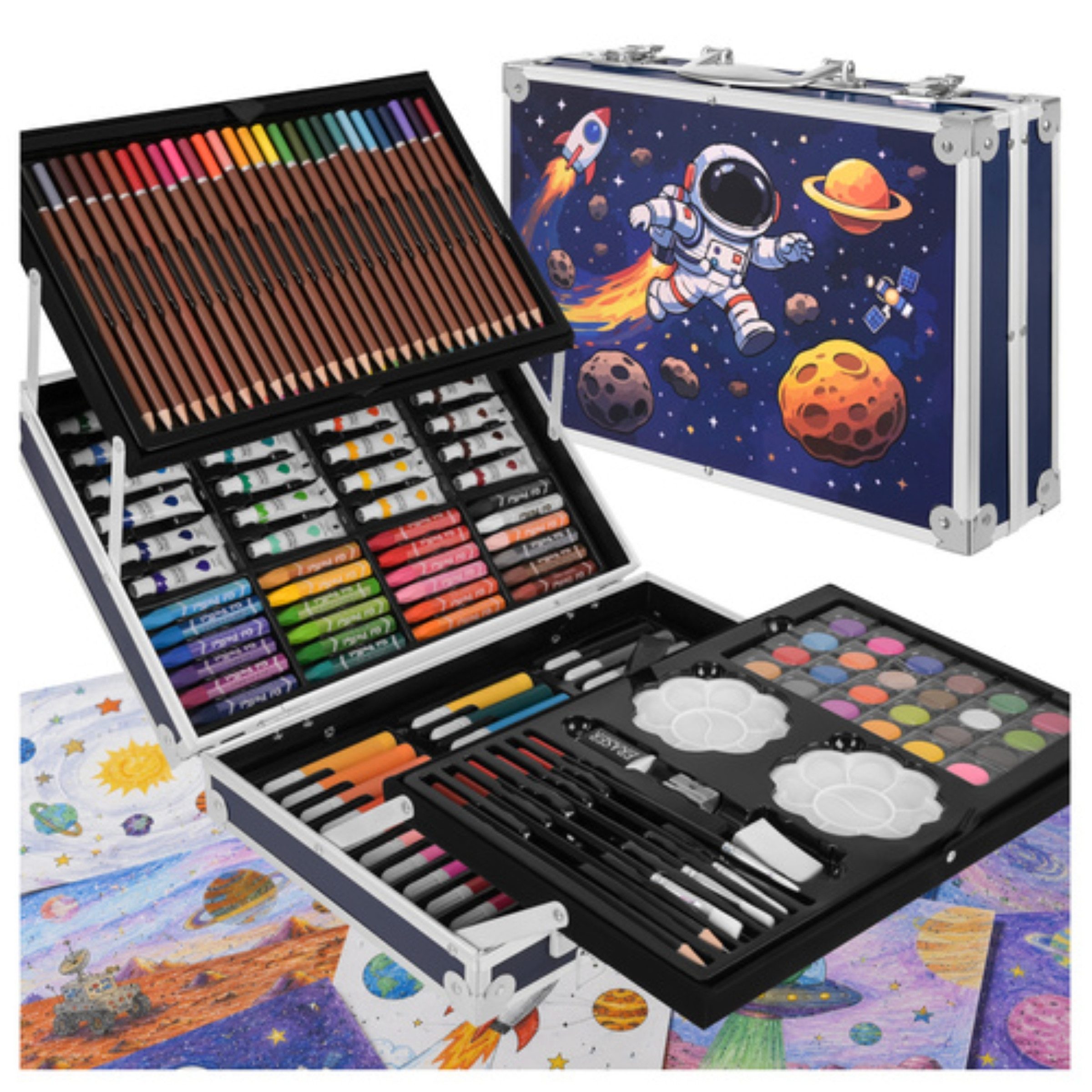 MAALEO Malstift Astronaut Malset im Koffer 145-teilig Kreativset Kinder Zeichnen Malen, (Künstler-Malset für Kinder, 145-tlg., 145-teiliges Malset im Koffer mit Farben, Stiften und Zubehör), 145-teiliges Astronauten-Malset im Koffer mit umfangreichem Zubehör