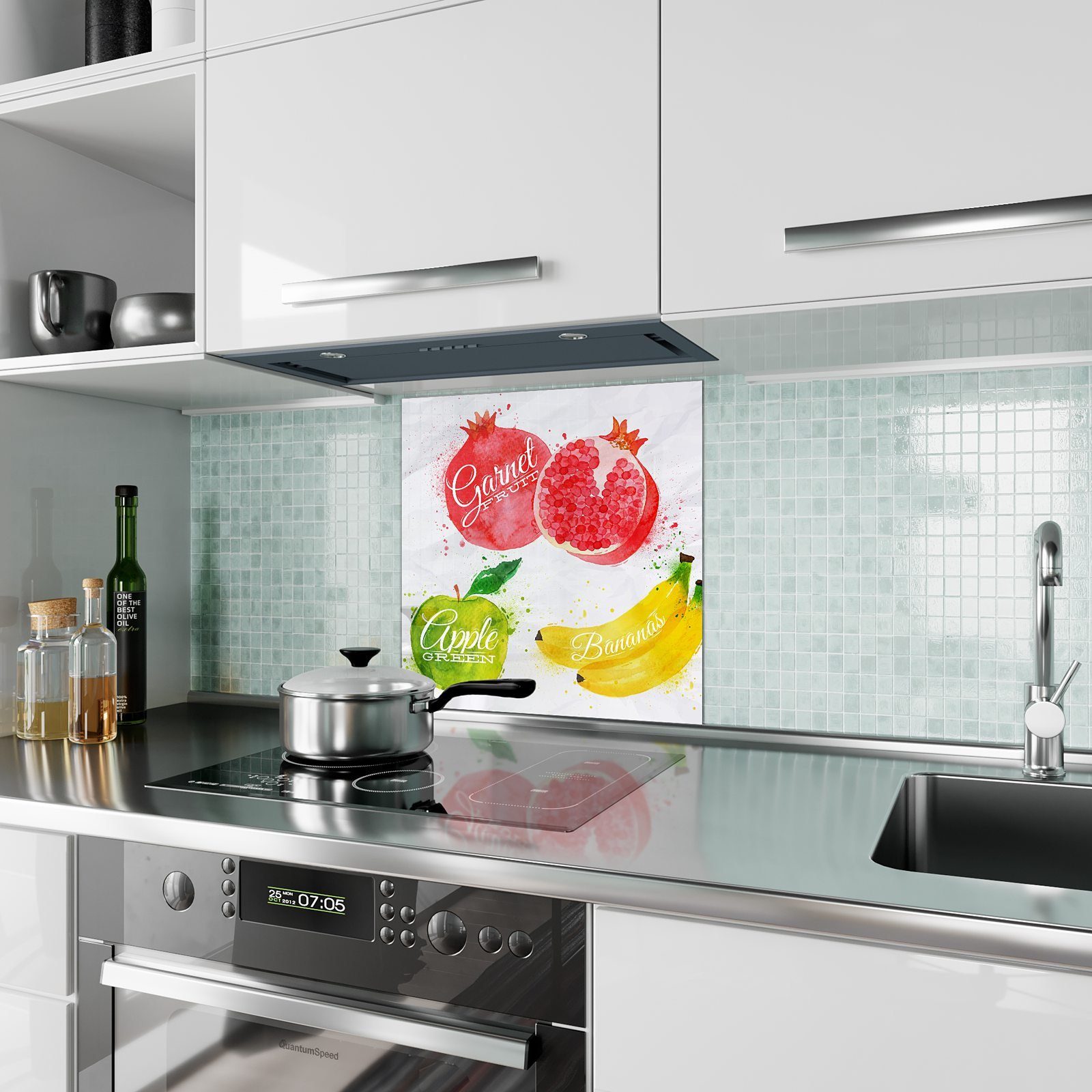 Spritzschutz Früchte mit Glas Küchenrückwand Motiv Küchenrückwand Illustration Primedeco