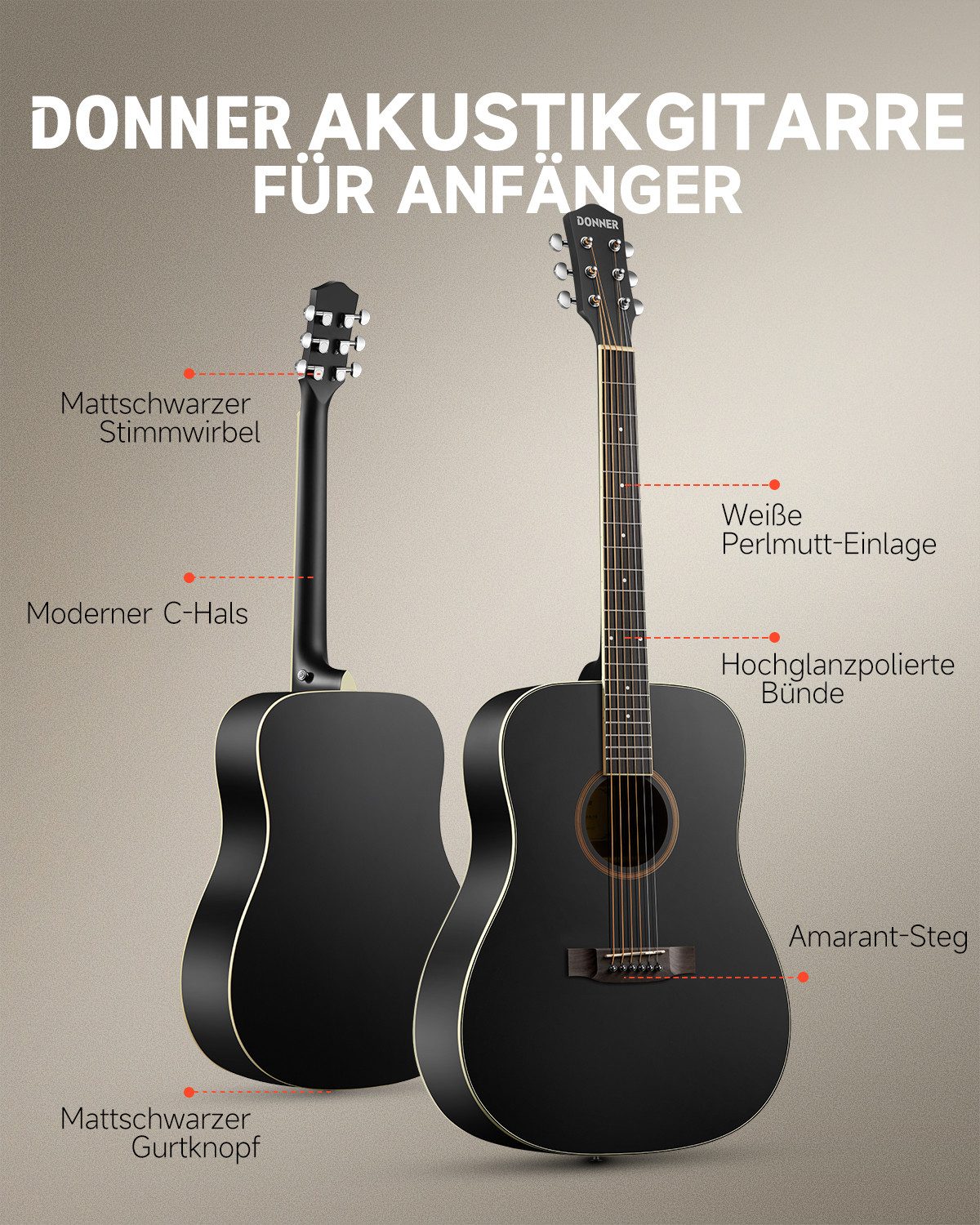 Donner Akustikgitarre Akustikgitarre in voller Größe 41 Zoll DAG-1CB, Komplettset, mit Gigbag, Gurt, Stimmgerät, Schlagbrett, für Anfänger in voller Größe kompl – Bild 4 von 5