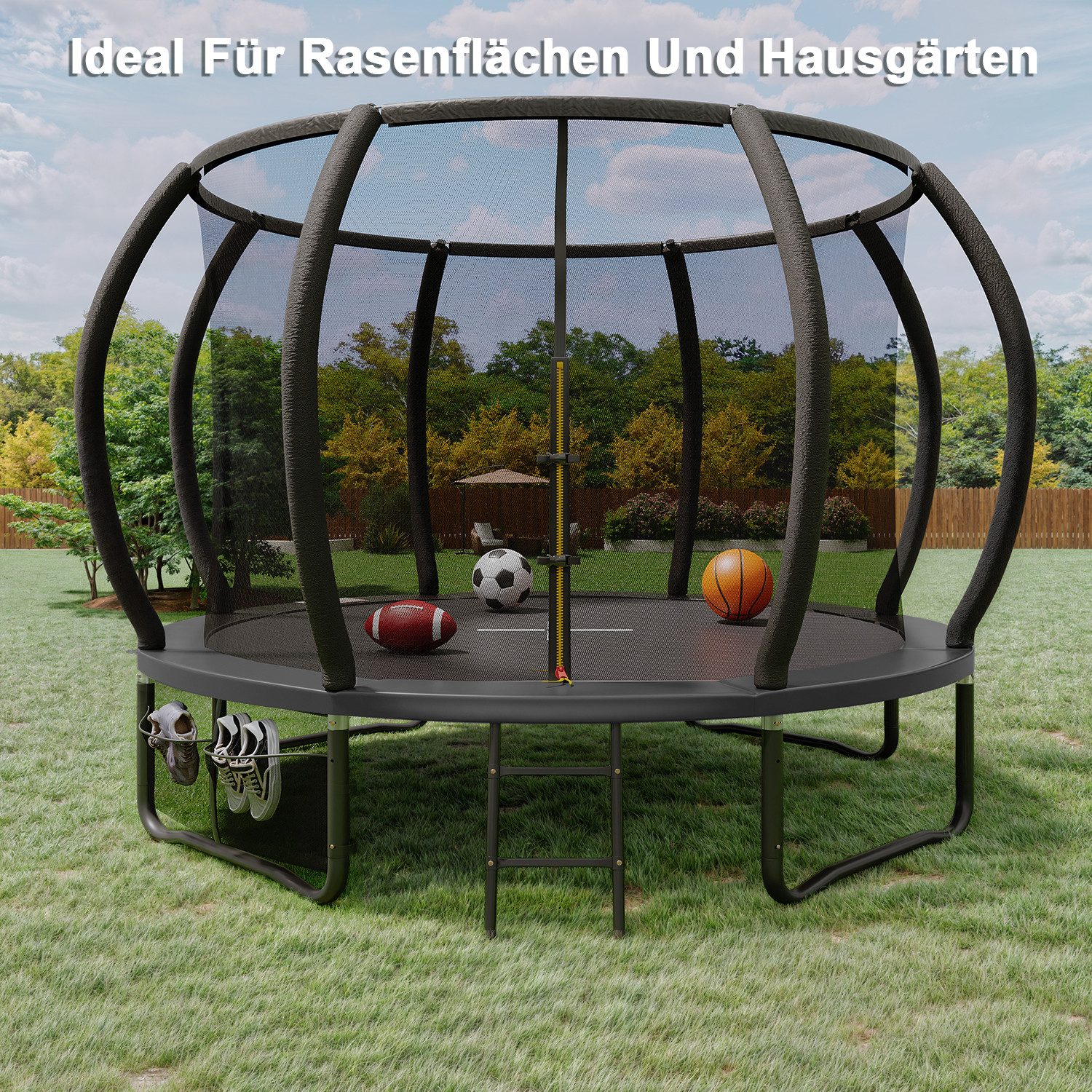 GUNJI Gartentrampolin trampolin 305/366cm, Kindertrampolin mit Sicherheitsnetz und Geländer, Ø 305 cm, (150 kg Tragfähigkeit, in den Farben schwarz und blau erhältlich, 360°-Geländer)