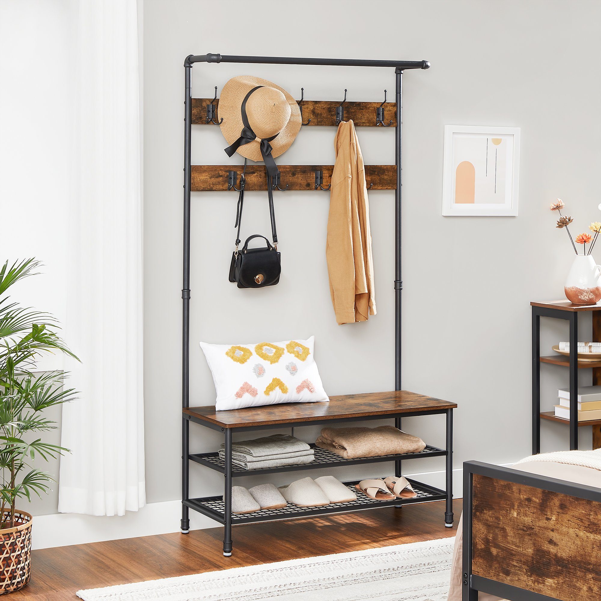 VASAGLE Garderobenständer große Garderobe, mit Sitzbank, 9 Haken, Schuhregal, multifunktionale