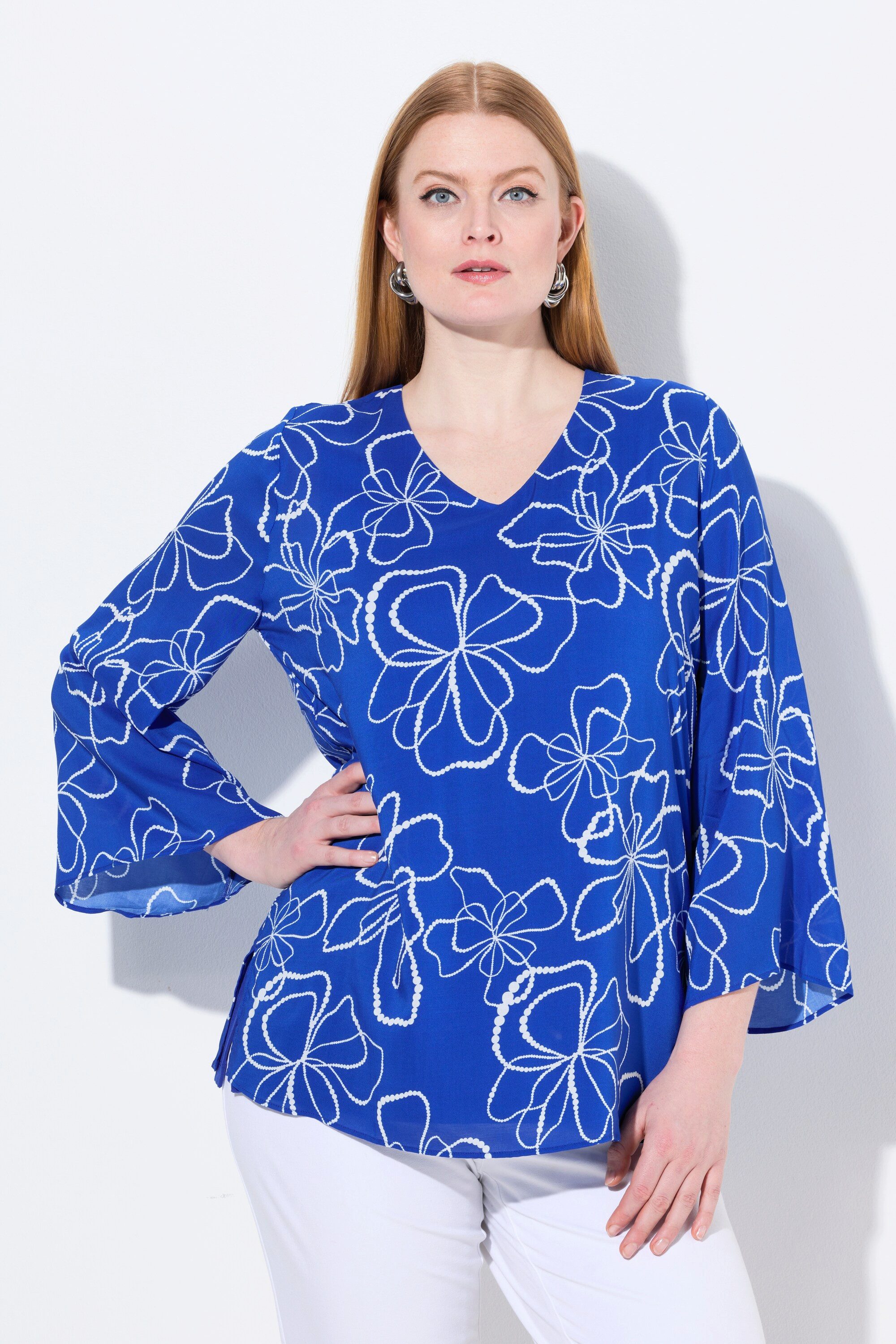 Ulla Popken Druckbluse Shirtbluse doppellagig V-Ausschnitt Langarm günstig online kaufen