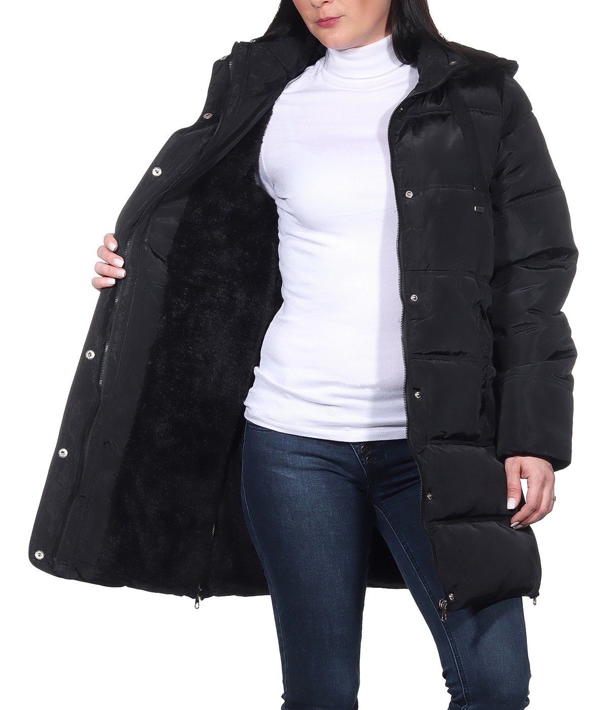 Steppjacke Kapuze, Damen abnehmbare (1-St) Teddyfell Schwarz vollständig mit Parka Winterjacke Aurela Damenmode Kurzmantel Winterjacke warme