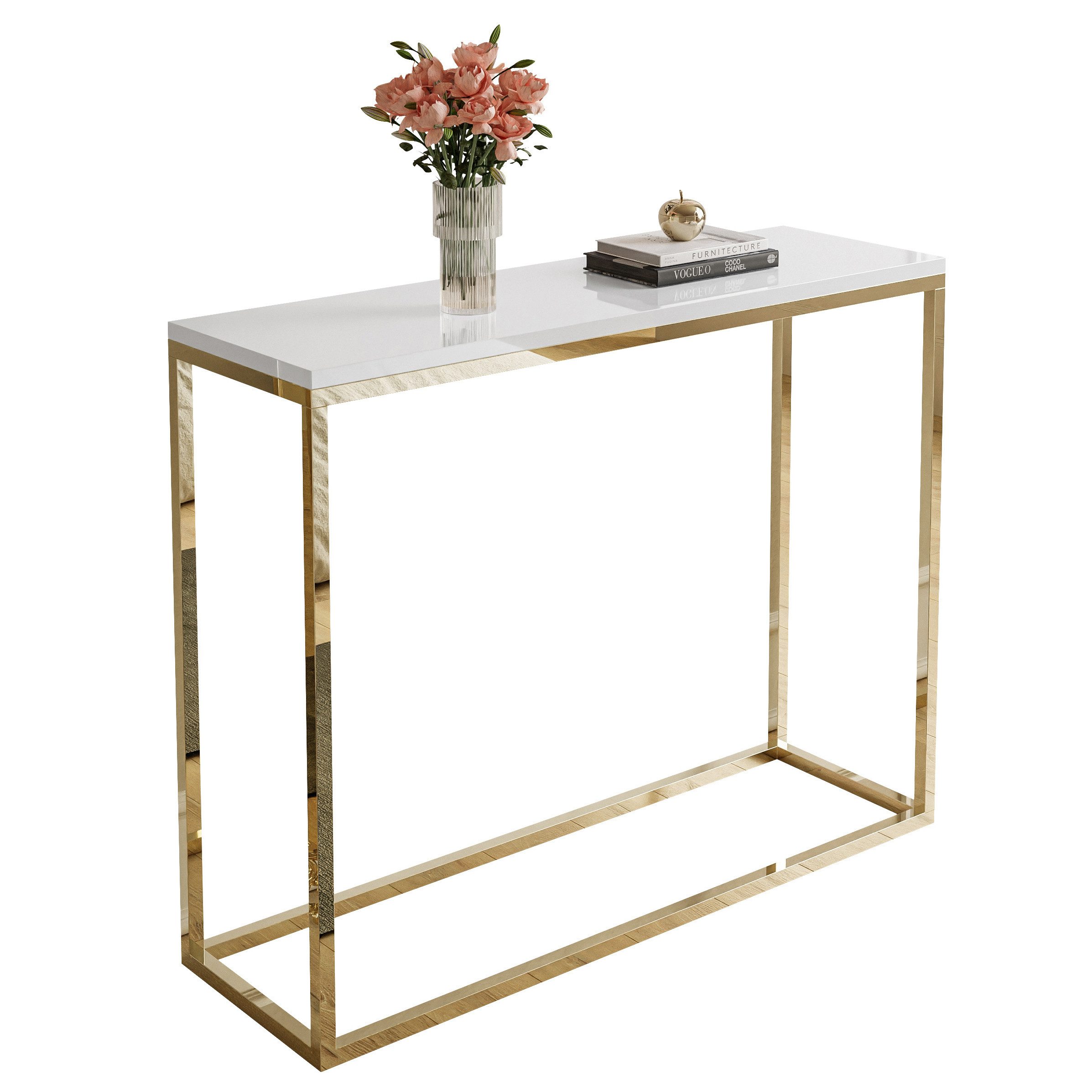 Lookway Konsolentisch MODERN HOCHGLANZ Konsolentisch mit goldfarbenem Chromgestell (1x Konsole), Breite 80/100 cm