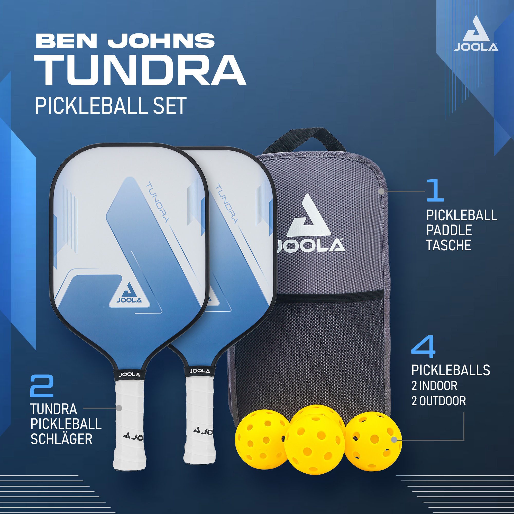 Joola Pickleballschläger Tundra Pickleball Set, (Set, 7-tlg), Inklusive 2 Schläger, 4 Bällen und Tasche, ideal für Freizeitspieler