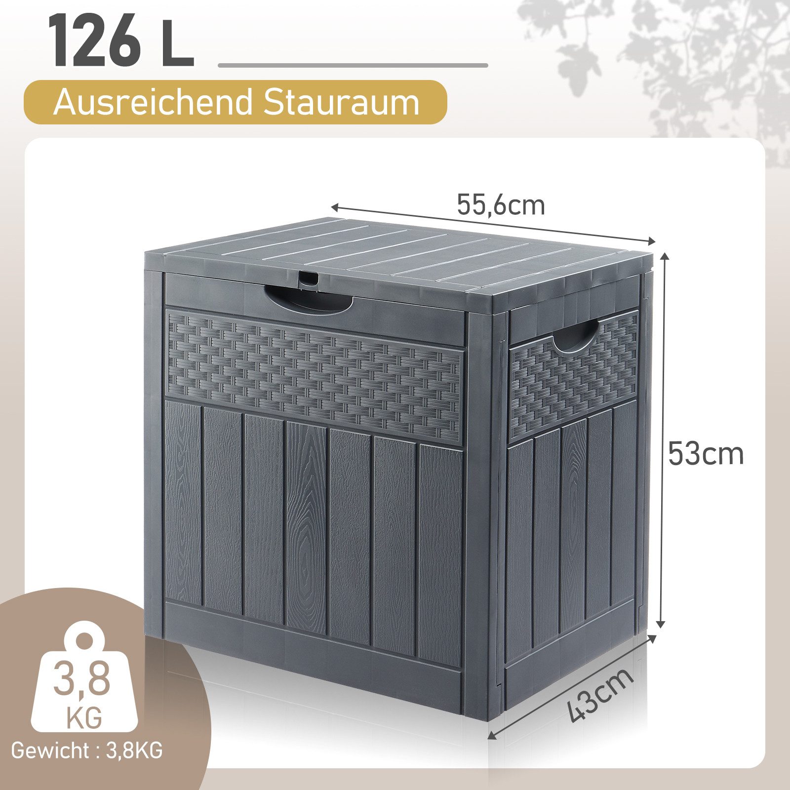 LALAHO Gartenbox Wasserdicht, 126L Kunststoff-Aufbewahrungsbox, für Garten, Terrasse, Balkon, 56x43x53 cm