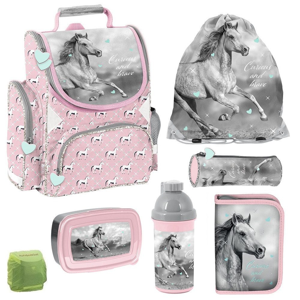 Familando Schulranzen Pferde Schulranzen für Mädchen 1.-3. Klasse, 1 kG - 15 L Volumen (Set, 7-tlg., mit gefüllter Federmappe, Dose und Flasche), Reißverschluss-Hauptfach, Reflektoren auf allen Seiten