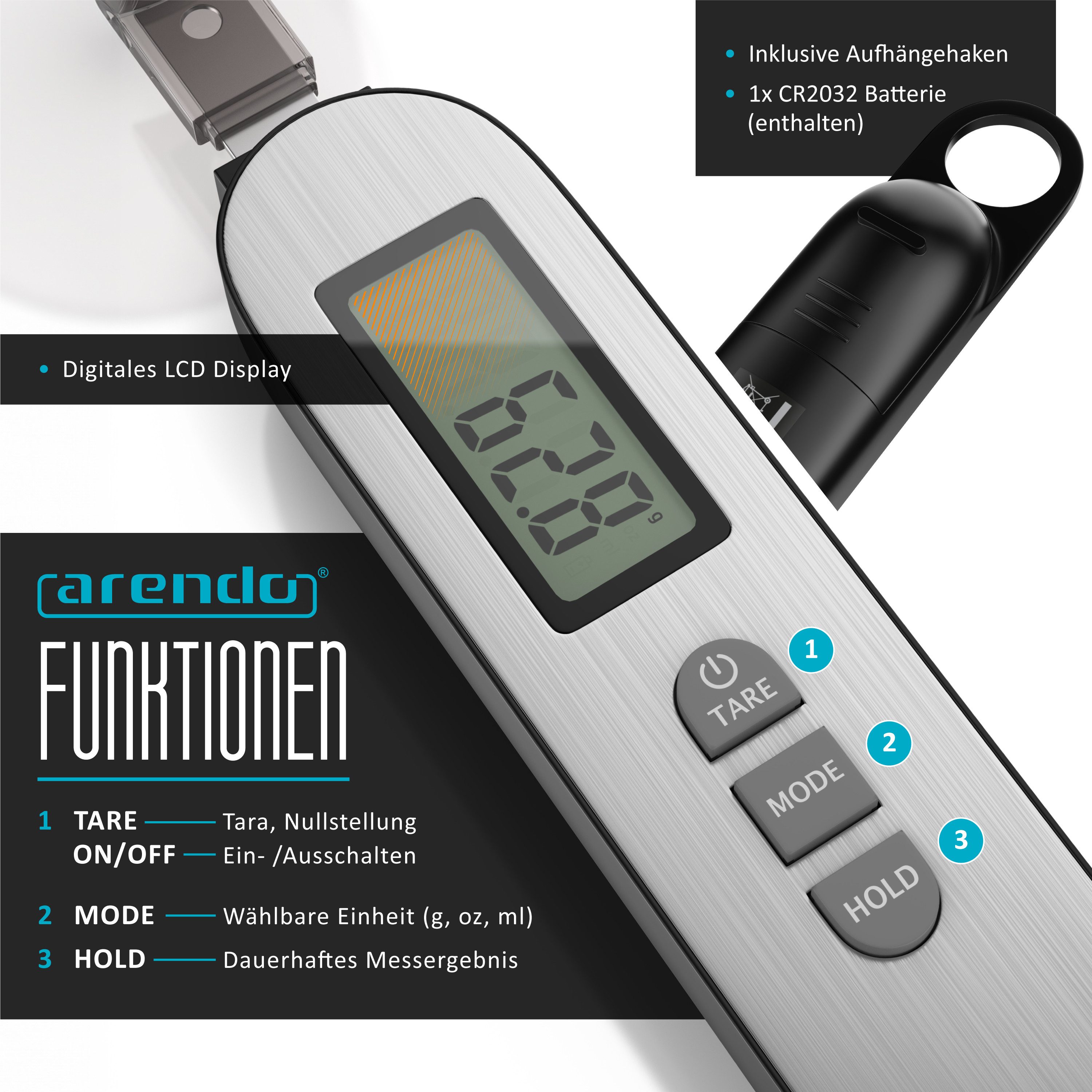 Arendo Löffelwaage Küchenwaage digital, Feinwaage, LCD-Anzeige, max. 500g, 0,1g Auflösung, (1-tlg), 2 abnehmbare Löffel mit Skalierung, Abschaltautomatik 60 s,  – Bild 5 von 5
