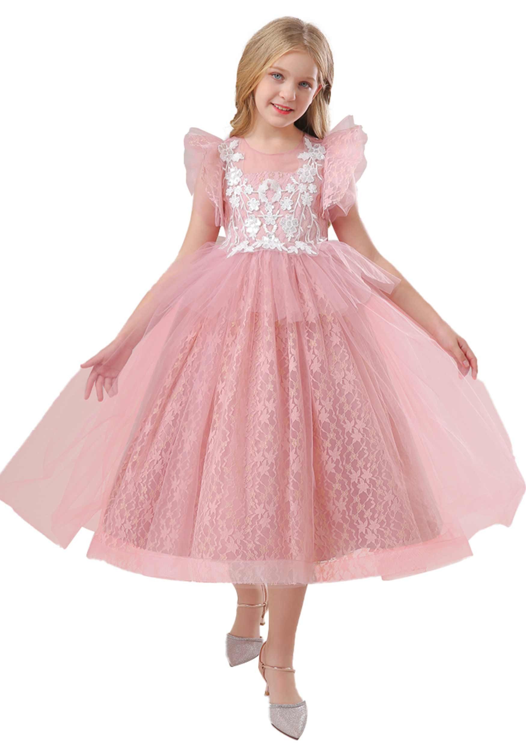 Daisred Tüllkleid Prinzessin Kleid Weihnachten Geschenk Blumenmädchenkleider Rosa