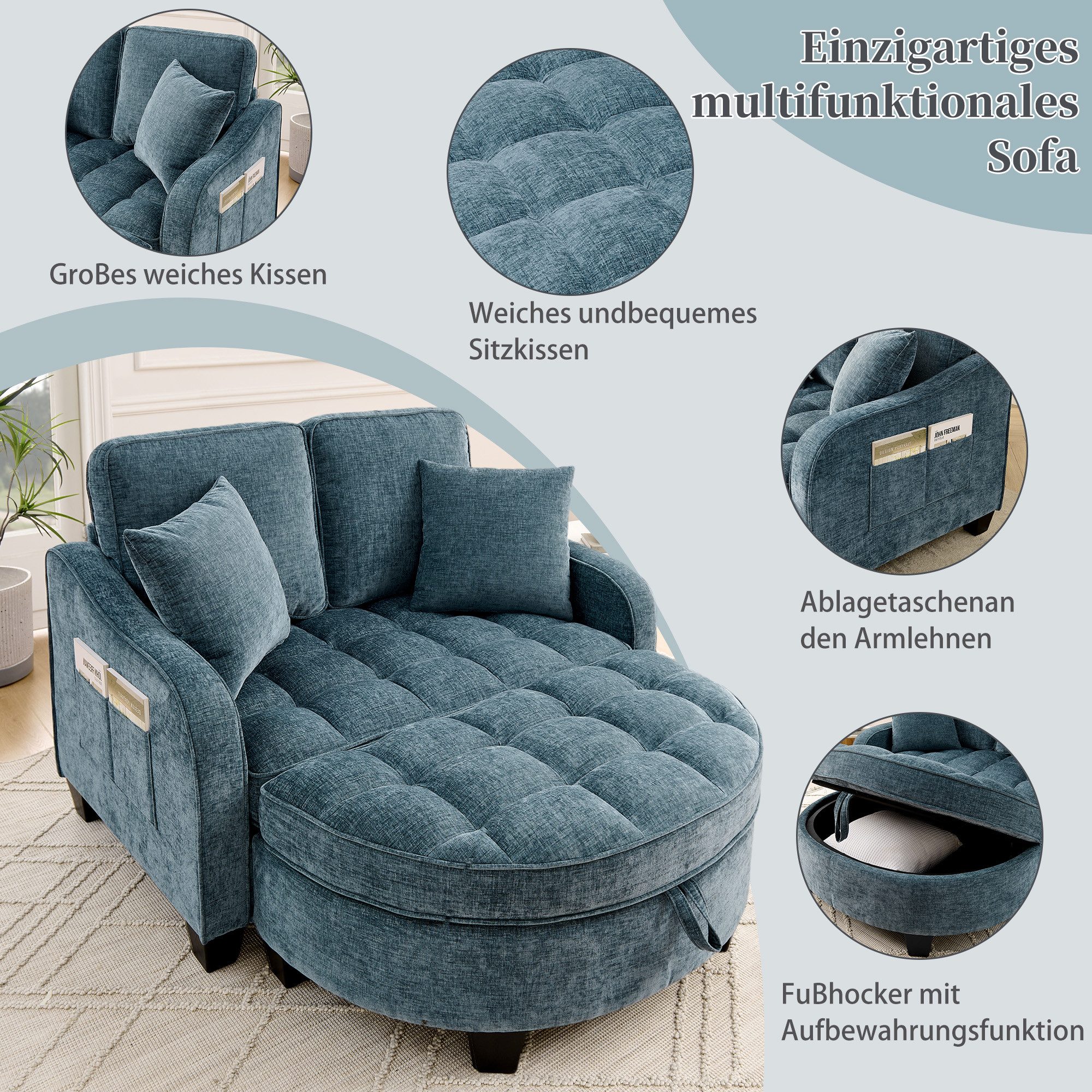 Odikalo Schlafsofa Multifunktionales Platzsparend 3-in-1 Sofa-Bett Aufbewahrungs-Hocker, mit Schlaffunktion und Stauraum, 3-in-1-Sofa mit Liegefunktion – Bild 4 von 5