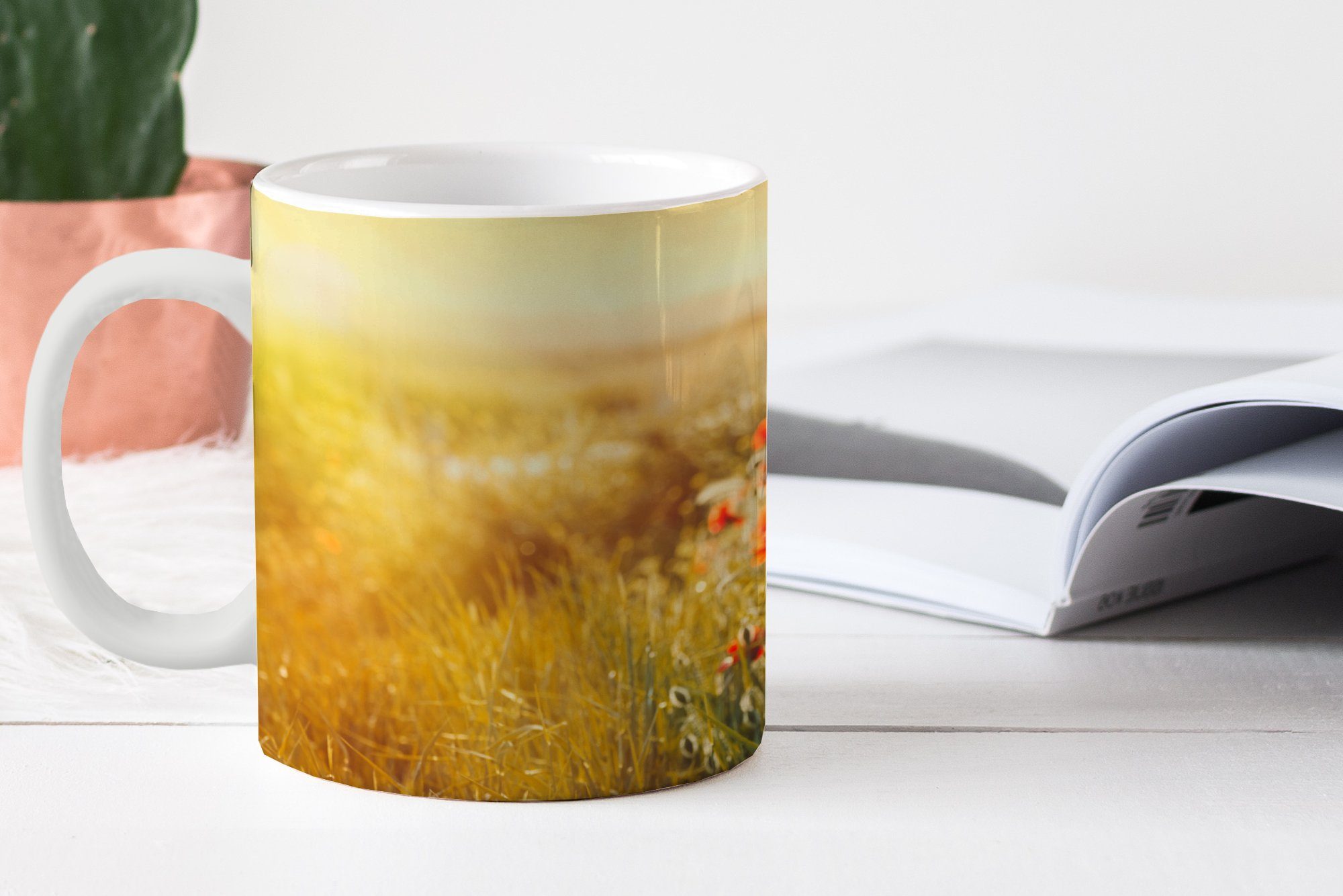 Geschenk Sonnenstrahlen über MuchoWow Mohnblumenstrauß, Teetasse, Kaffeetassen, Becher, Keramik, Tasse einem Teetasse,