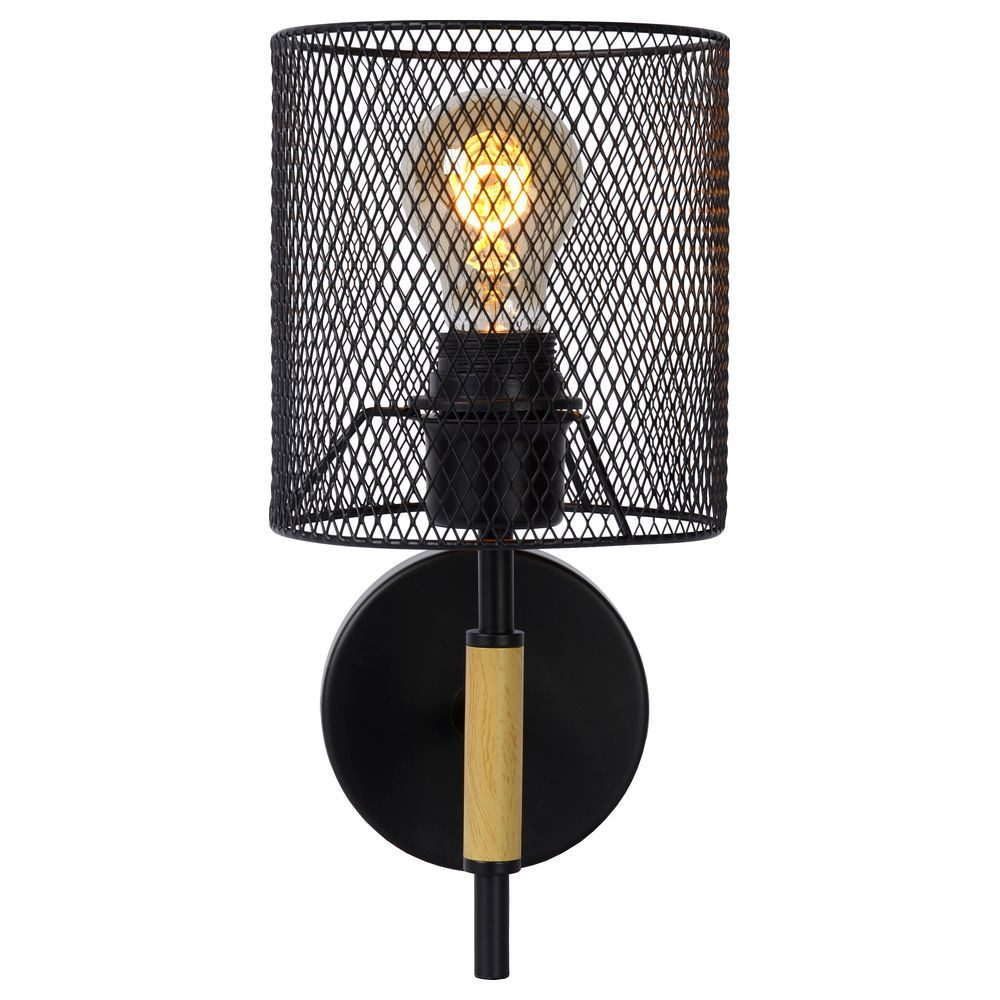 Lucide Wandleuchte Wandleuchte Basket aus Stahl in Schwarz mit hellem Holz E27