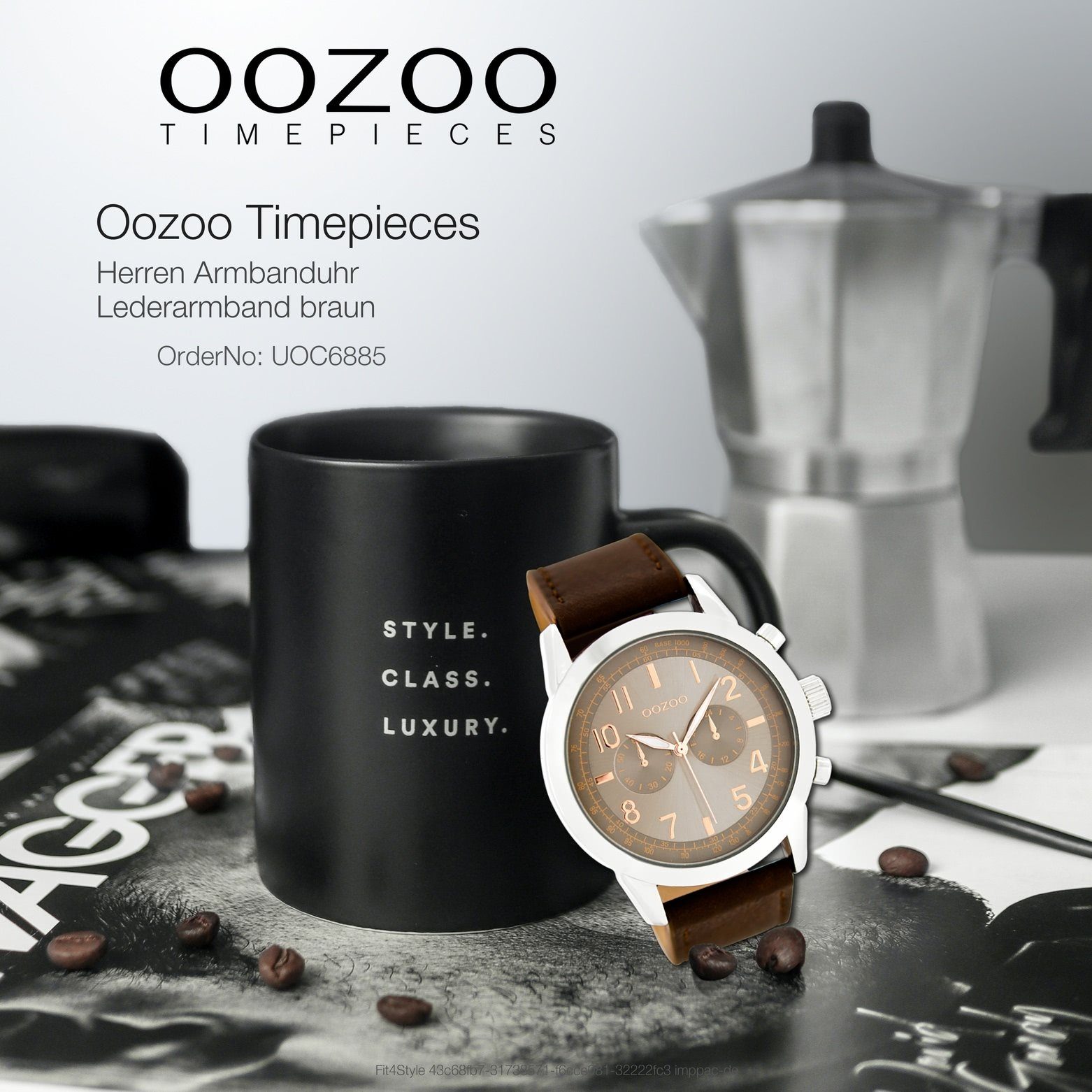 rund, Oozoo 43mm) groß Armband-Uhr Herrenuhr OOZOO (ca. Quarzuhr braun, Herren Lederarmband, Fashion-Style
