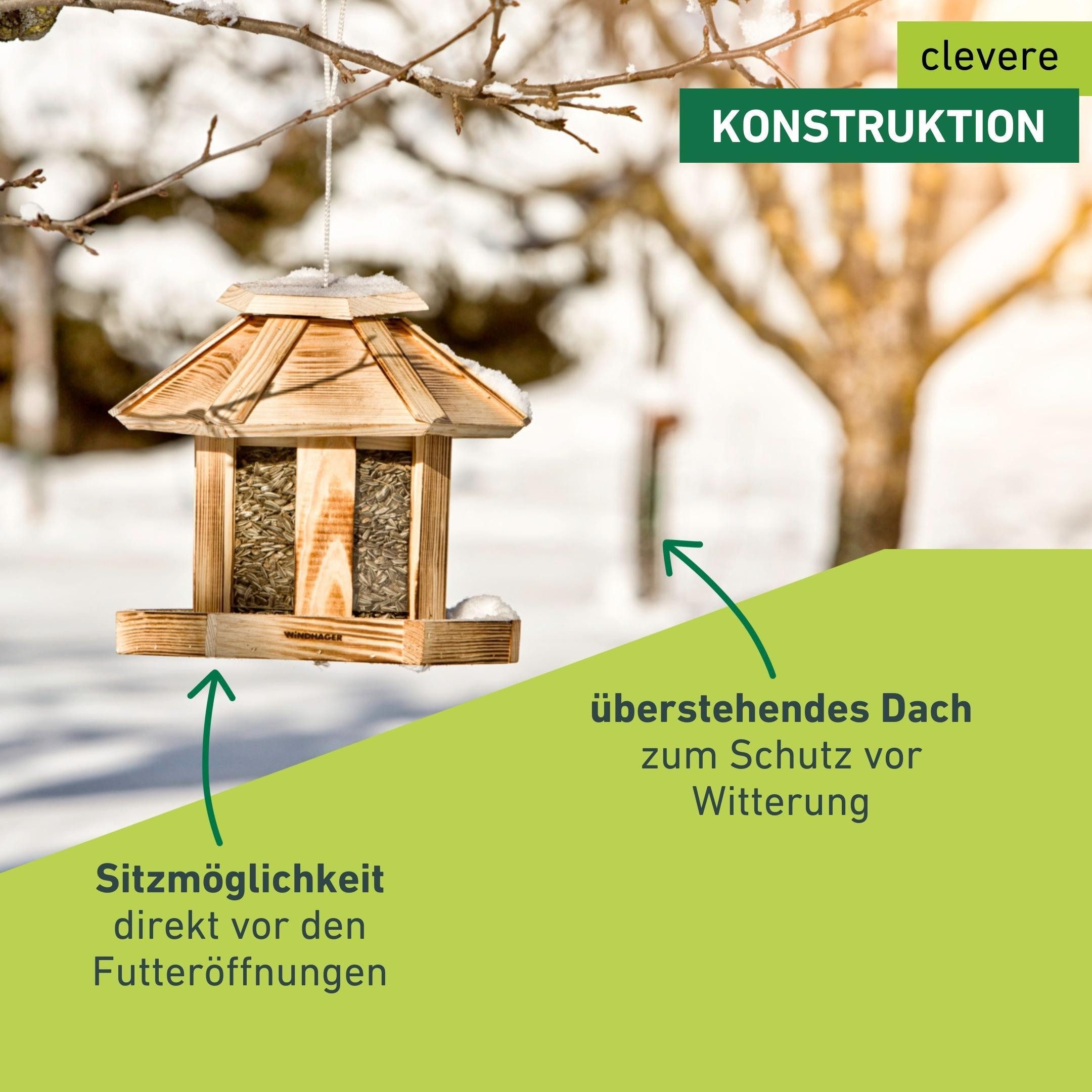 Windhager Vogelhaus Wilder Kaiser, Vogelfuttersilo aus Echtholz, Futterstation inkl. Aufhängung und Sitzmöglichkeit, Füllvolumen 3l