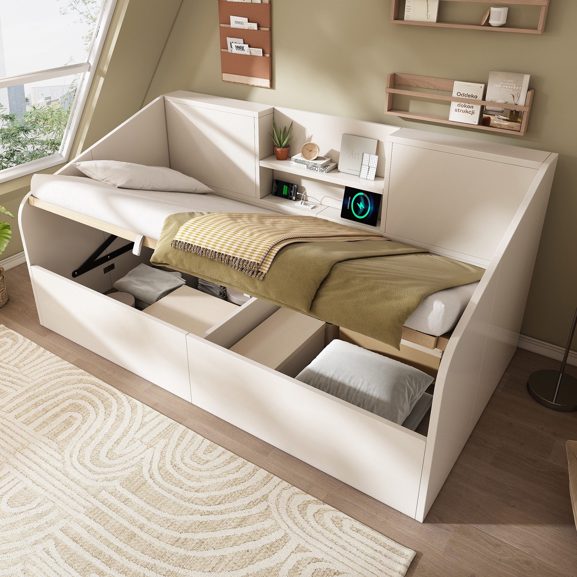 Odikalo Schlafsofa 90x200 140x190 Schlafcouch mit Bettkasten USB und Lattenrost, mit 2 Ablagen, großem Stauraum & USB/Type-C-Ladestation, Lattenrost inkl., platzsparendes Einzelbett (ohne Matratze)