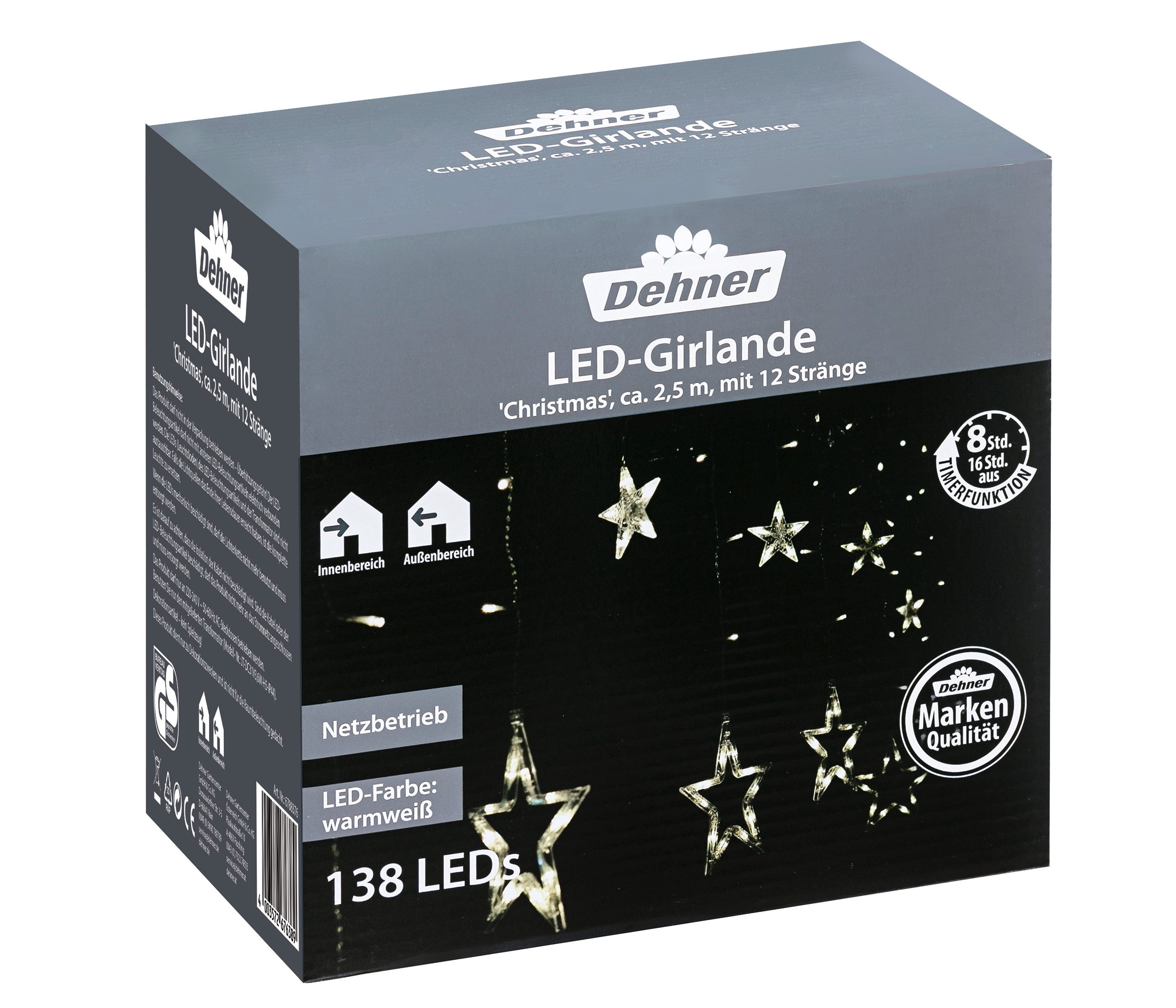 Dehner Lichterkette LED-Girlande Christmas, 138 LEDs, warmweiß, 250 cm, Beleuchtung für Weihnachten, drinnen/draußen, praktischer Timer