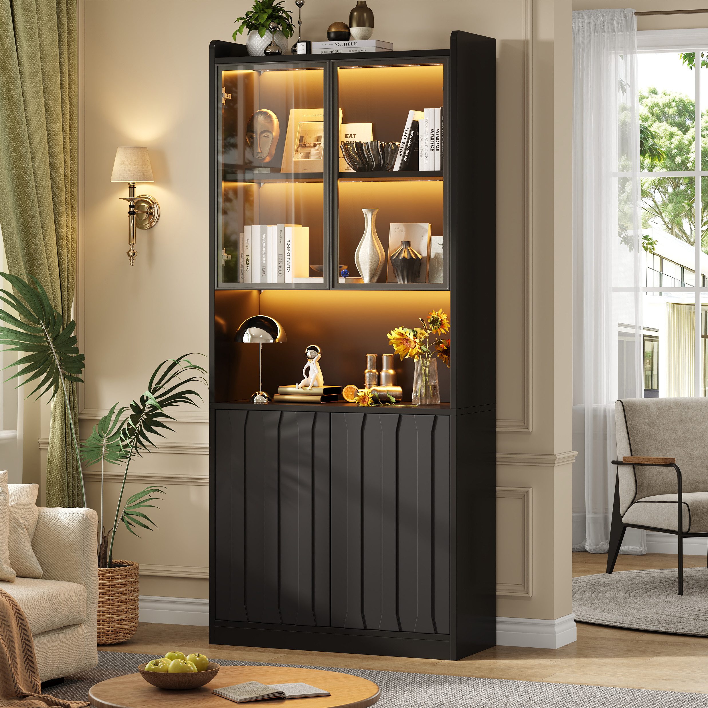 Merax Vitrine mit LED-Beleuchtung, Wohnzimmerschrank Standvitrine (80Lx35Bx200Hcm, 1-St) Hochschrank mit Glastüren, 5 Fächer & verstellbare Einlegeböden