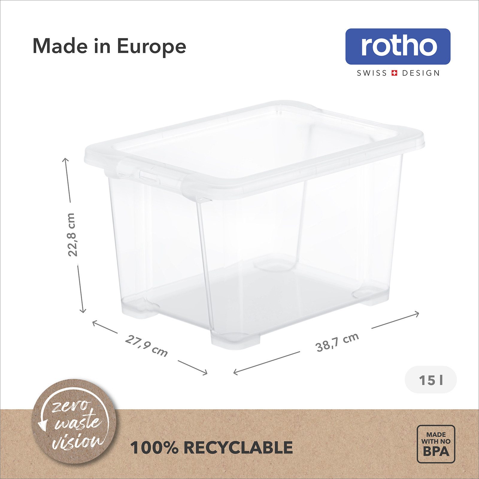 ROTHO Aufbewahrungsbox 4er-Set CORE BASIC 15L stapelbar transparente Box mit Deckel (Sichtboxen-Set, 4er-Set), Lagerbox ideal für Spielzeug, Bastelmaterial und Dokumente