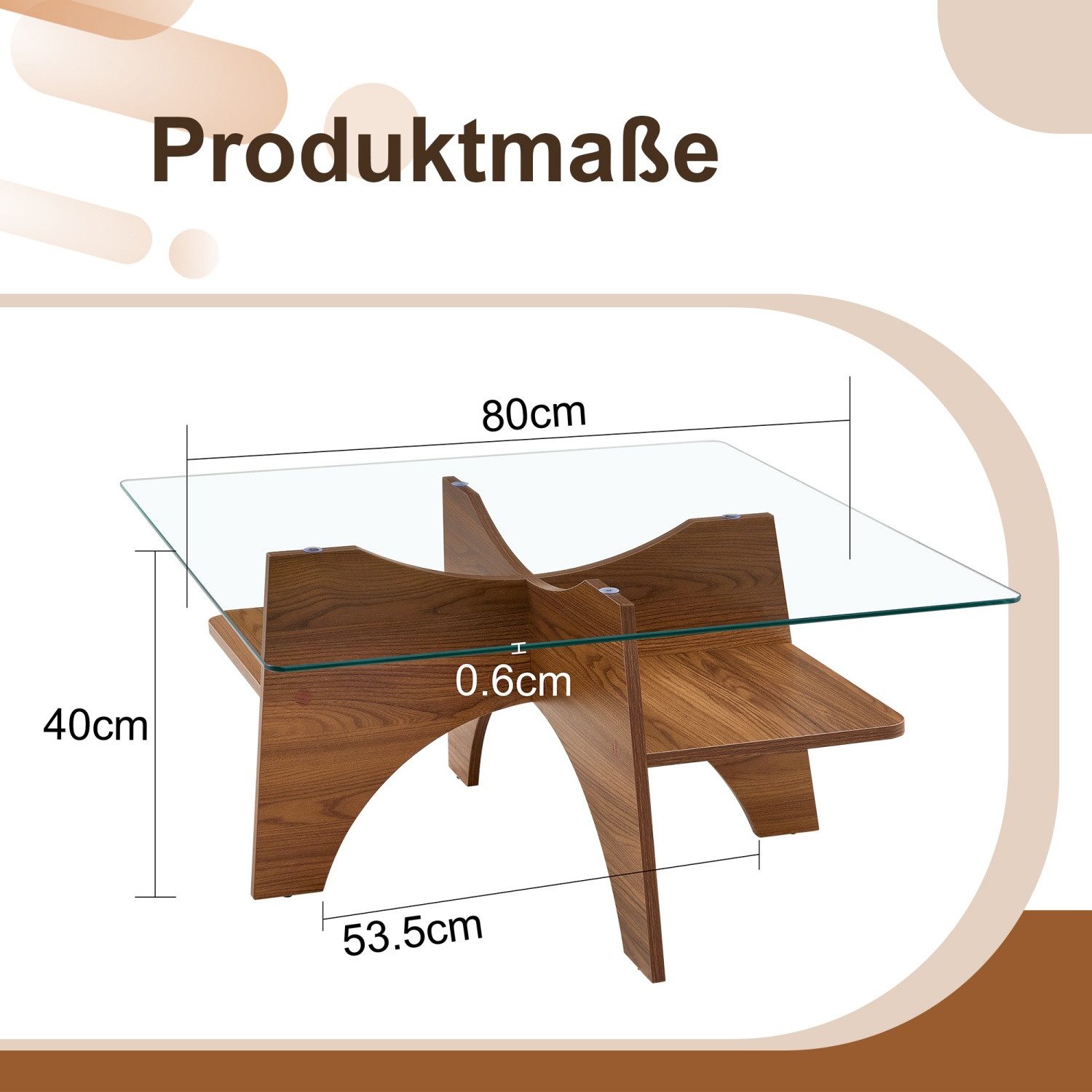 ANYSUN Couchtisch Glas Couchtisch, Wohnzimmertisch, Quadratischer Sofatisch, (Couchtisch für Couch, Schlafzimmer,80× 80×40cm), Ideal für Esszimmer, Wohnzimmer, Büro etc.
