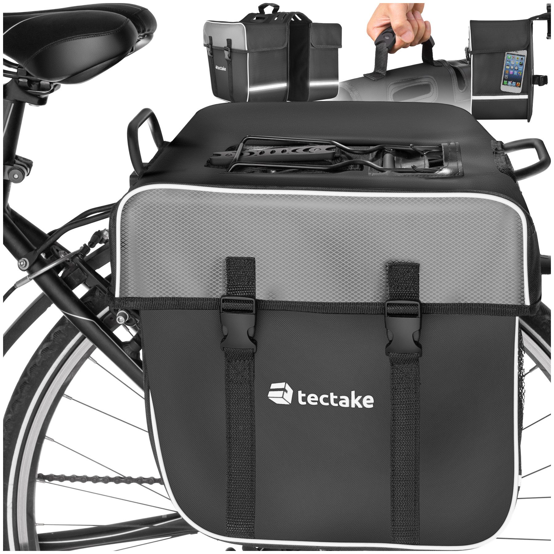 tectake Fahrradtasche Fahrradhandytasche, 34 x 17 x 30 cm, Schnallenverschluss, Volumen 35 (Gepäckträgertasche Georg, in schwarz), Für den Gepäckträger, wasserabweisend, Tragegriff & Reflektorstreifen