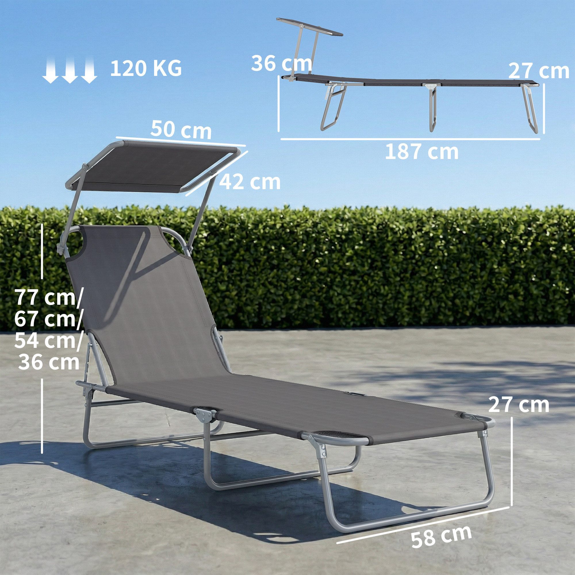 Outsunny Feldbett Sonnenliege (Gartensitzgruppe, 1-St., Sonnenliege) Grau 187 x 58 x 36 cm