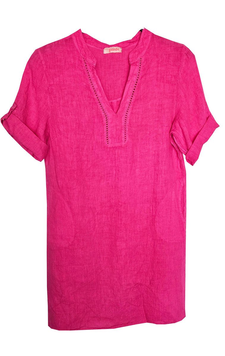 Sommerkleid Leinen Kleid kurzarm Pink 44 XL Sommerkleid