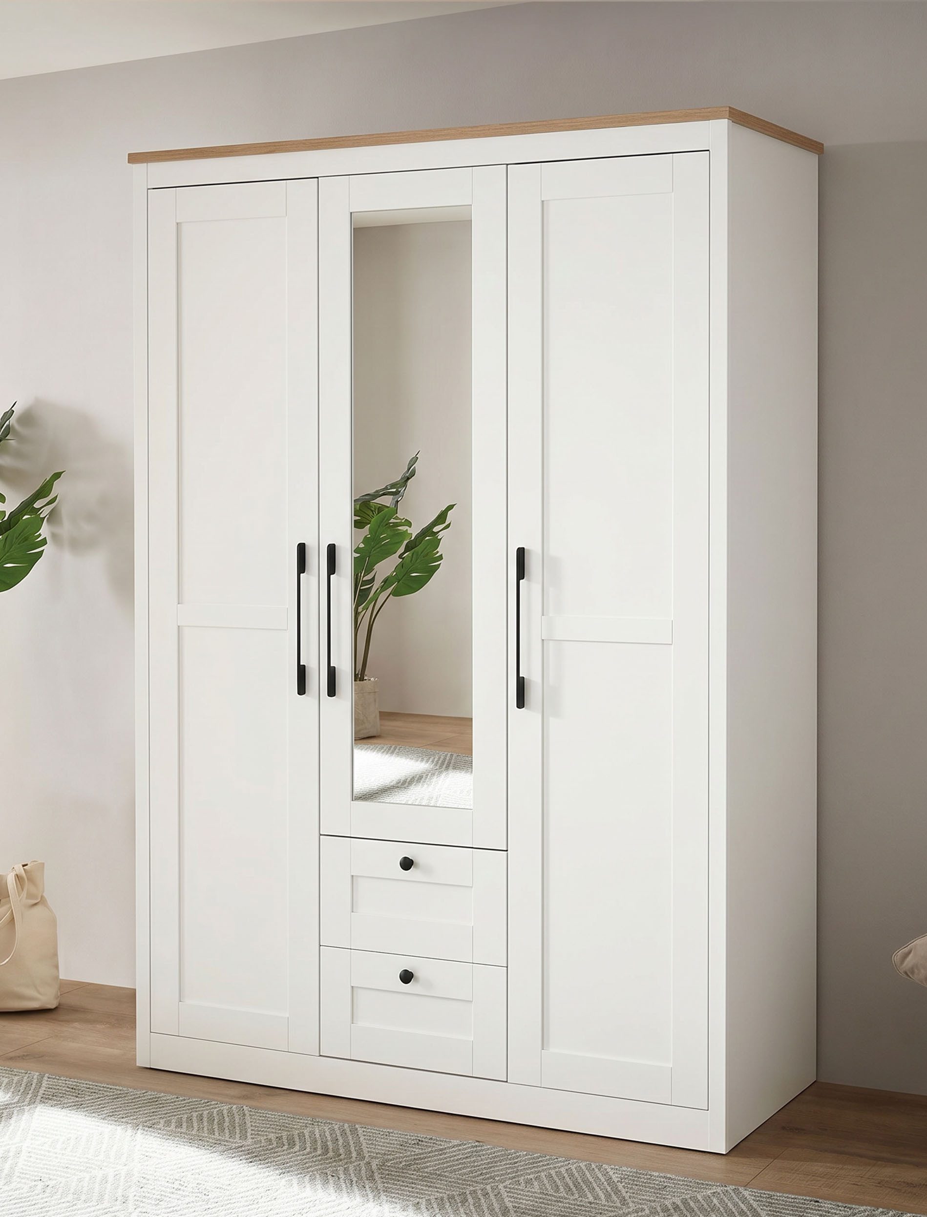 OTTO home Kleiderschrank Büsum Schlafzimmer Schrank mit 3 Türen und Spiegel (stabile robuste Bauweise mit optimaler Aufteilung - Breite 1,5m) Schlafzimmerschrank Landhaus Design Garderobe Schrank Bestseller