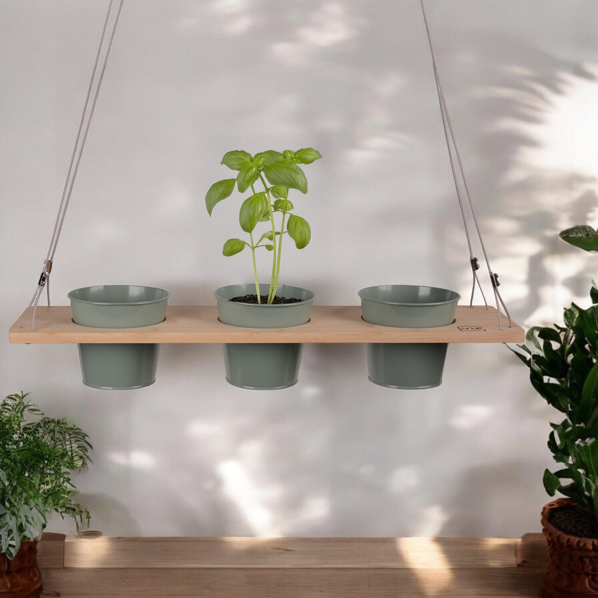 UNUS HOME Blumenkasten Kräuterbar, Pflanzenregal (60cm, grün), Stabile Drahtseilaufhängung, hängende Kräutertöpfe