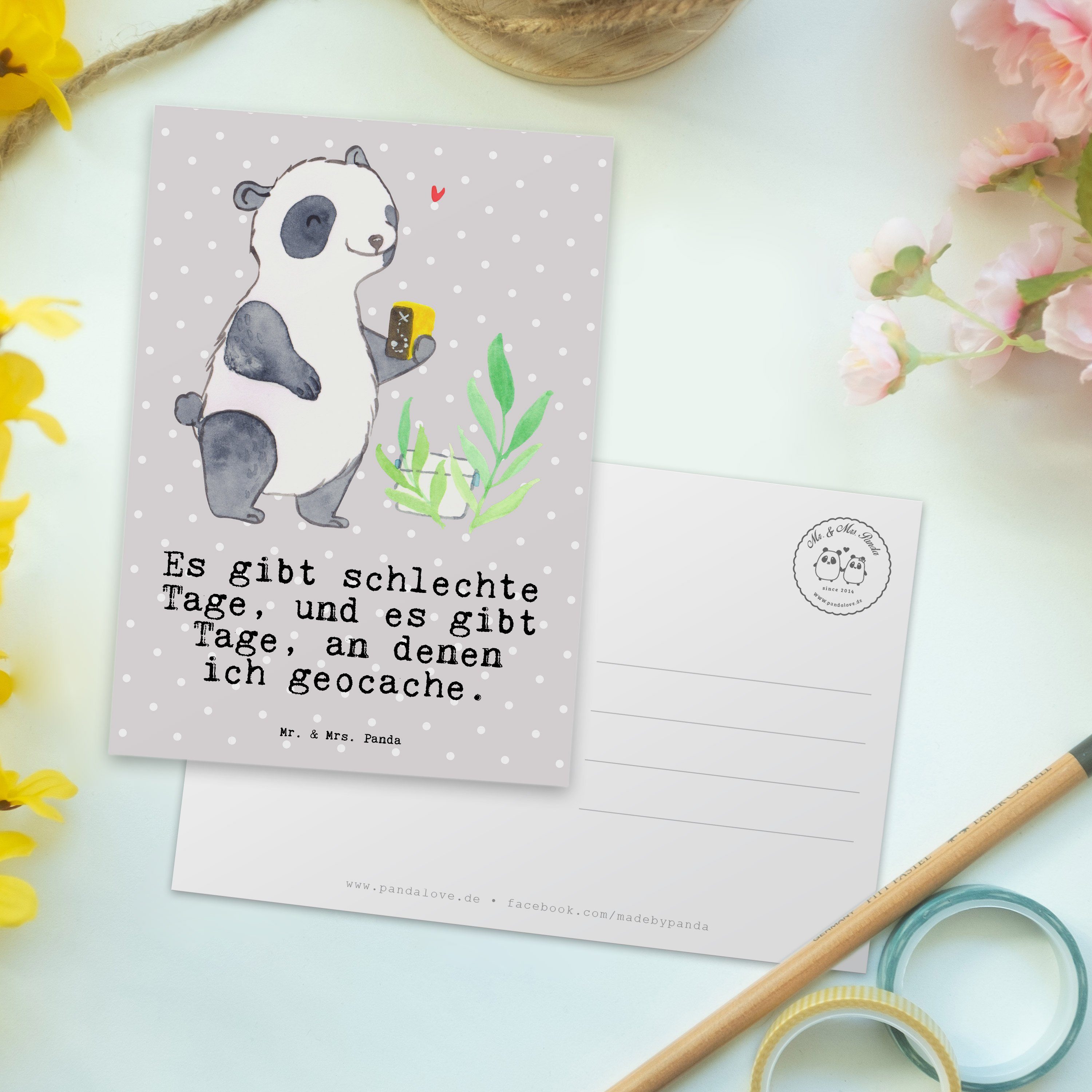 Mr. & Postkarte Pastell Geschenkk Panda Mrs. Geschenk, Grußkarte, Tage Geocaching - Panda - Grau