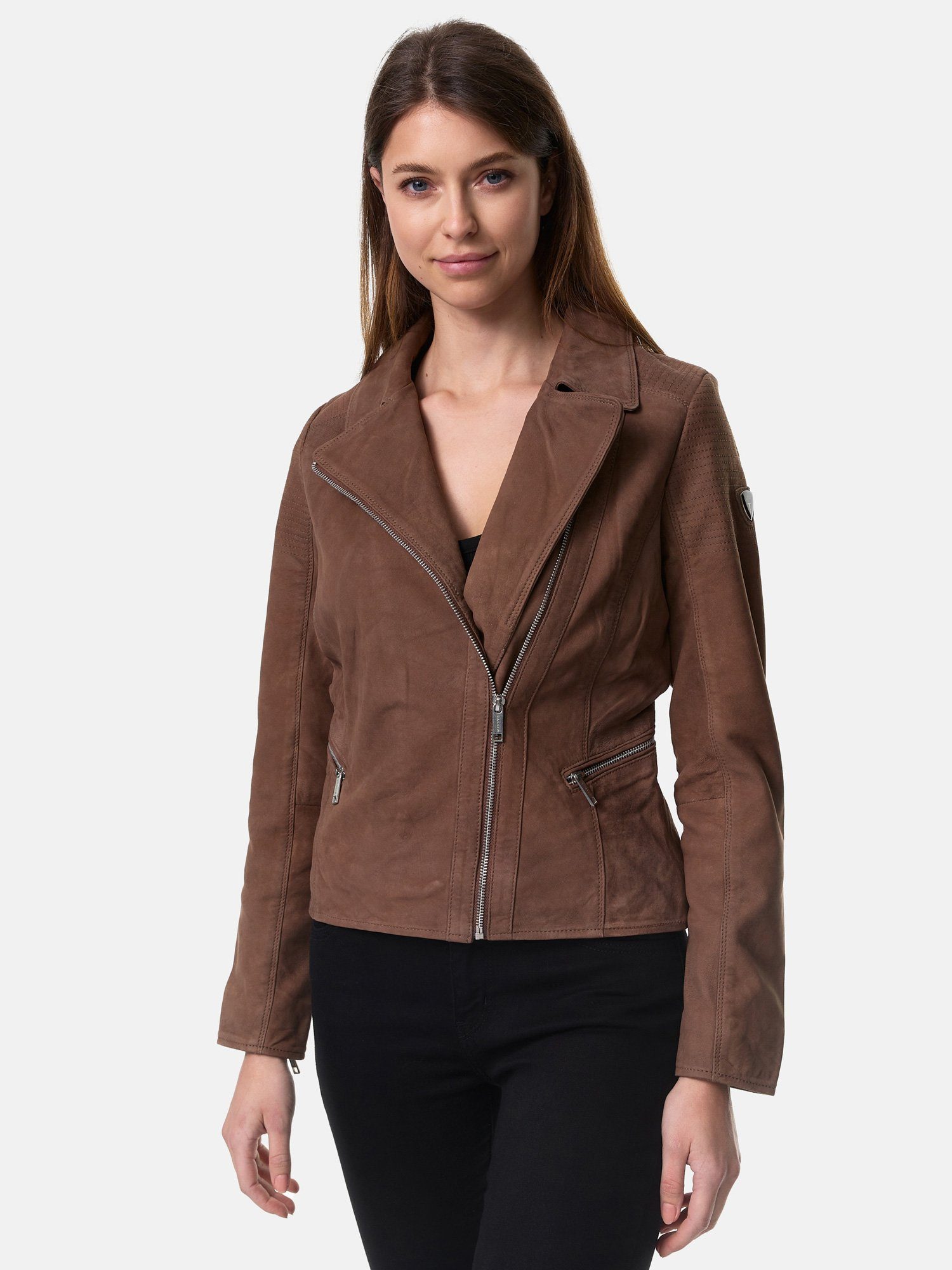 Tazzio Lederjacke F500 Damen Leder Jacke im Biker Look mit Zipper-Details & Reverskragen braun