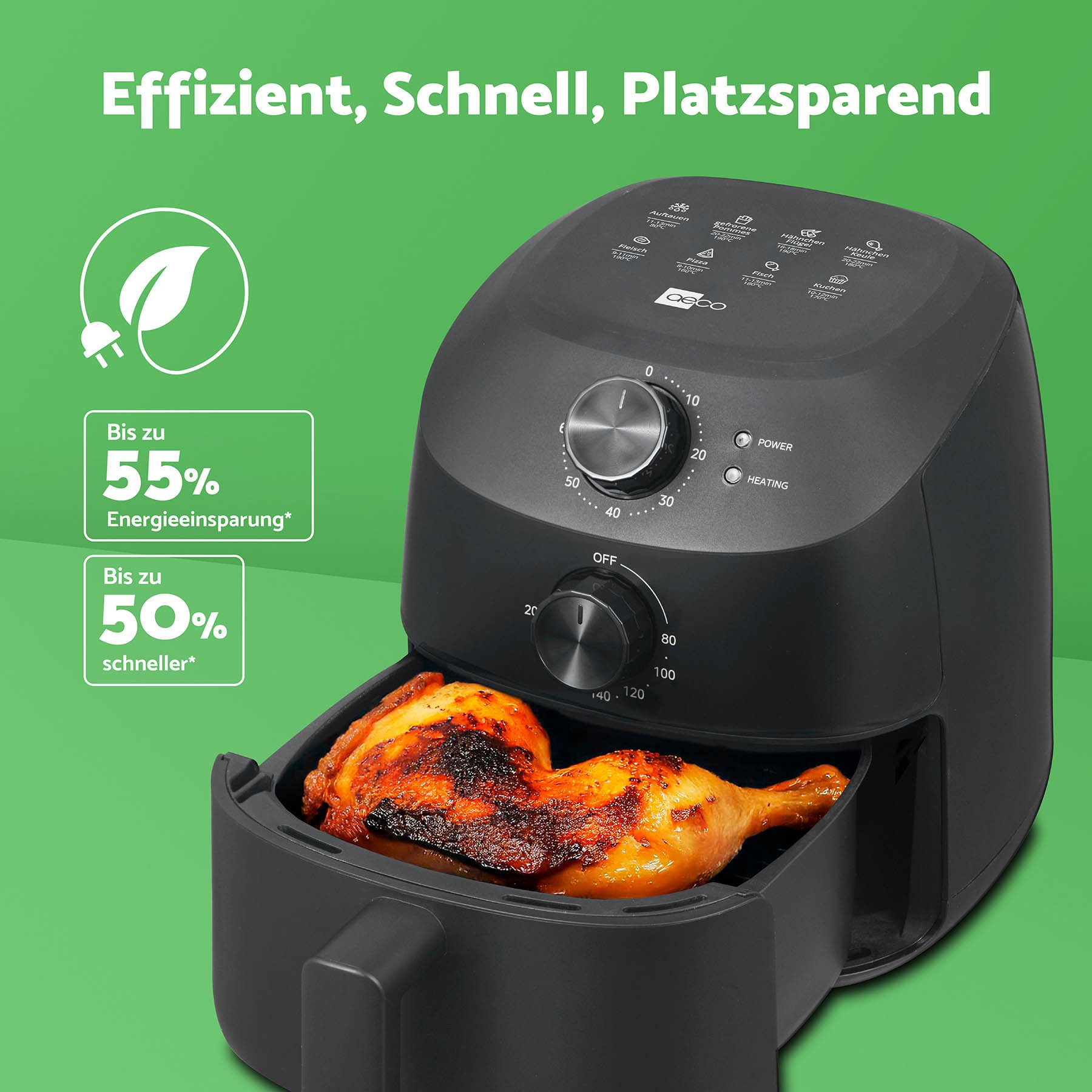 AECO Heißluftfritteuse, kompakt, platzsparend, 1150 W, 2l Fassungsvermögen, BPA-frei, CUBE 2.0