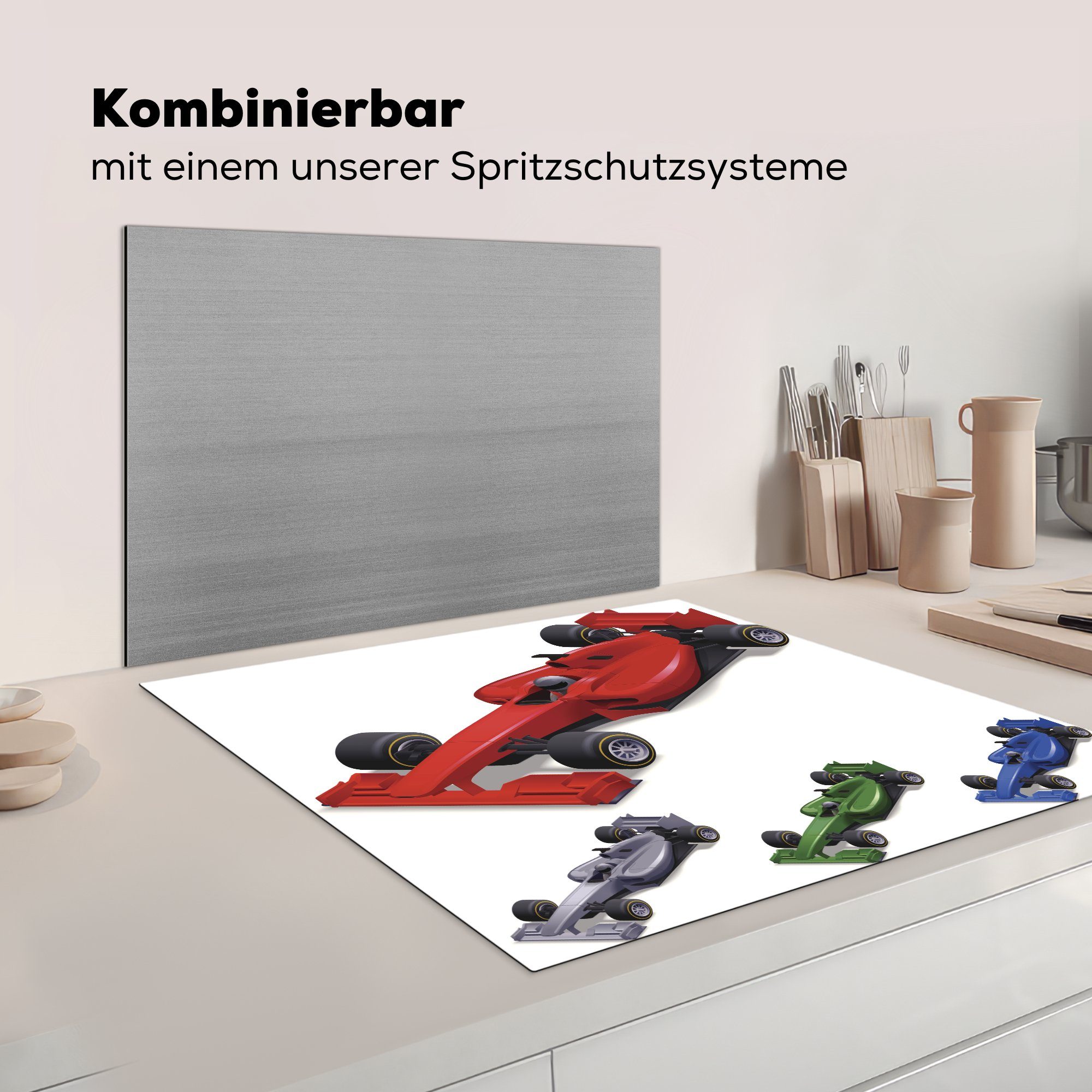 aus einer 78x78 Verschiedenfarbige in Illustration, Herdblende-/Abdeckplatte der cm, küche Vinyl, MuchoWow tlg), Rennwagen (1 1 für Arbeitsplatte Ceranfeldabdeckung, Formel