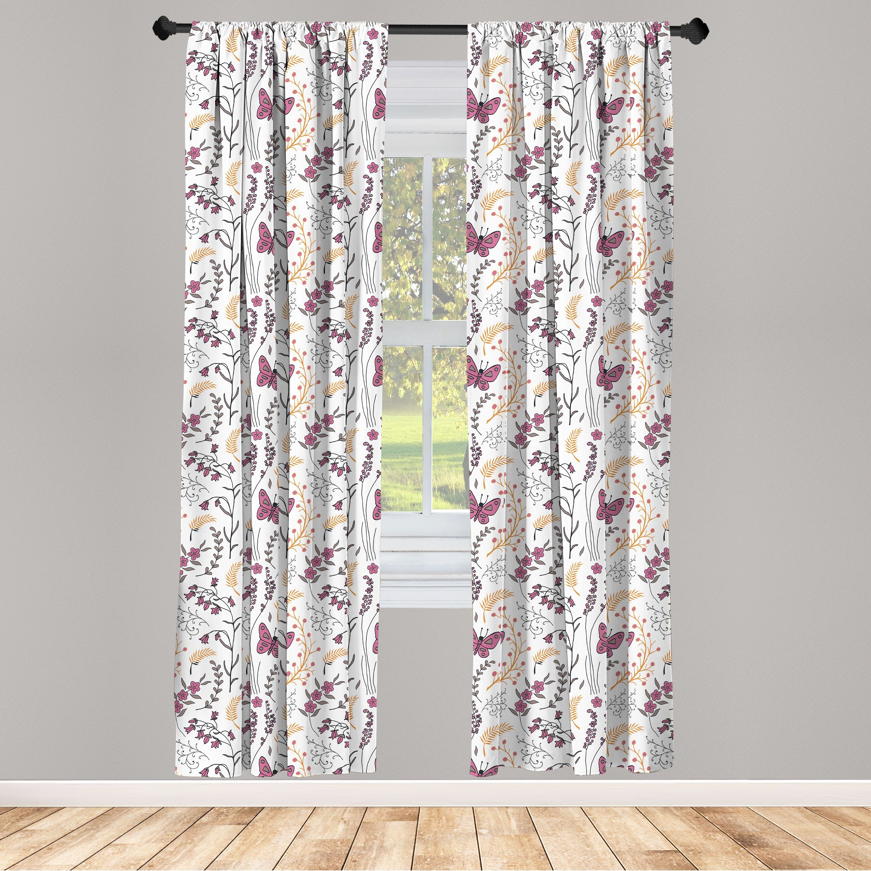 Gardine Vorhang für Wohnzimmer Schlafzimmer Dekor, Abakuhaus, Microfaser, Frühling Blumen Schmetterlinge Doodle