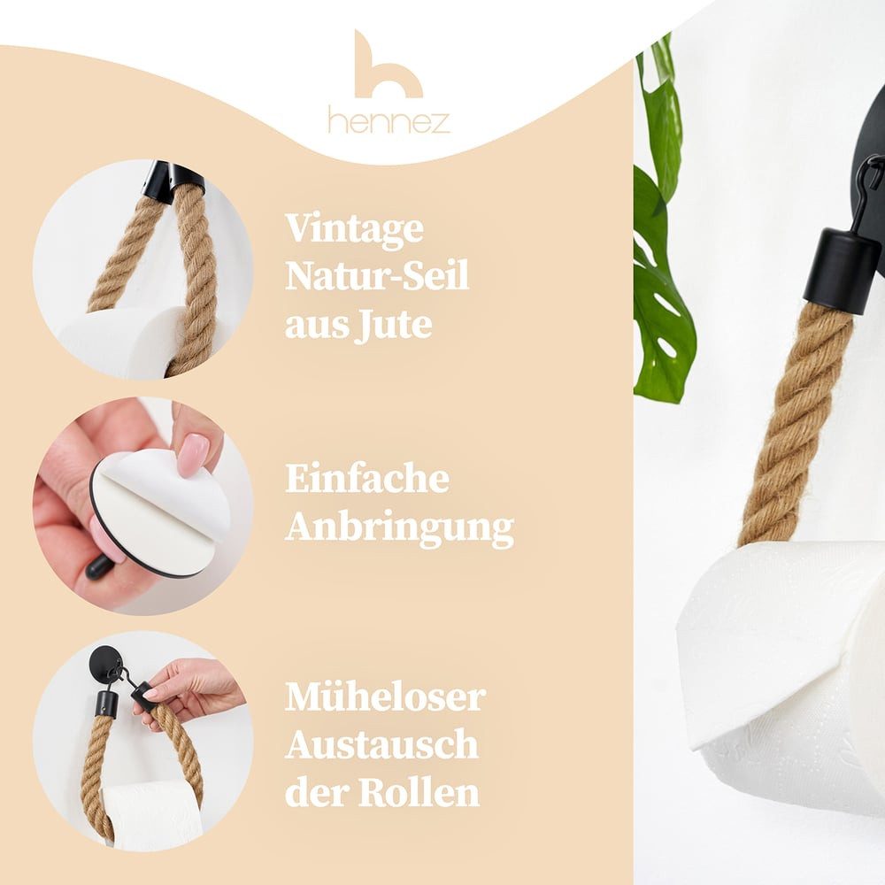 HENNEZ Toilettenpapierhalter ohne Bohren - Naturjute-Seil - stylish, mattsc günstig online kaufen