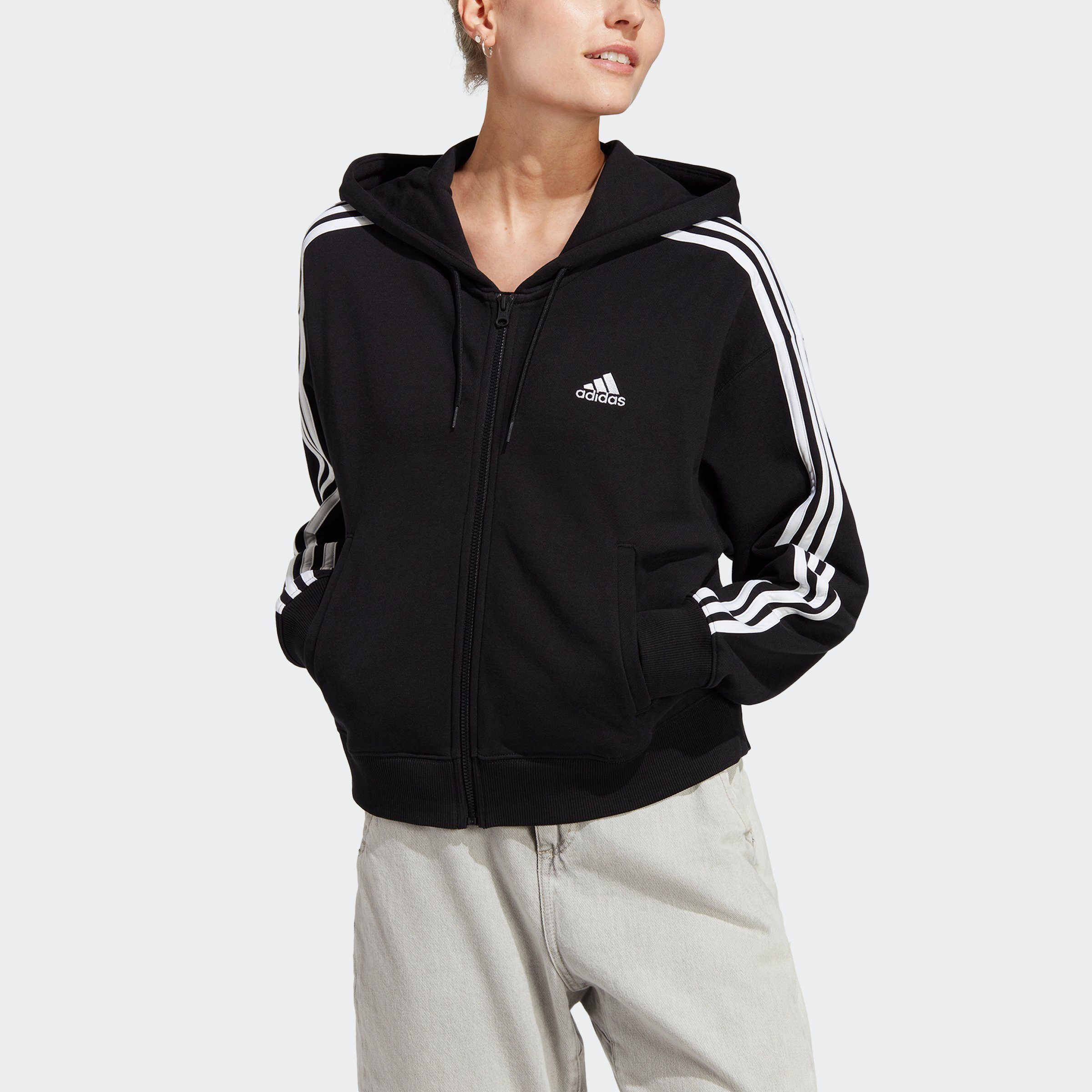 adidas Sportswear Kapuzenfleecejacke ESSENTIALS 3STREIFEN FRENCH TERRY BOMBER KAPUZENJACKE (1-St) Black / White