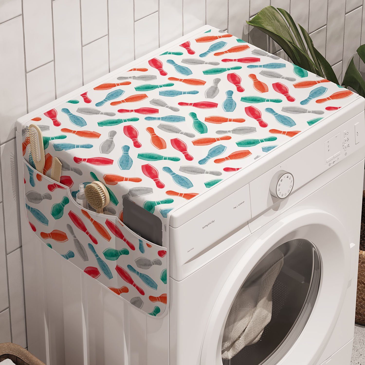 Abakuhaus Badorganizer Anti-Rutsch-Stoffabdeckung für Waschmaschine und Trockner, Bowling Aquarell Skittles