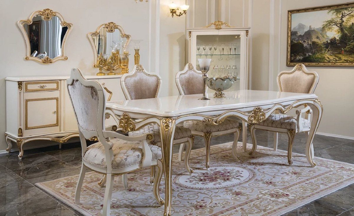 Casa Padrino Esszimmer-Set Luxus Barock Esszimmer Set Rosa / Weiß / Gold - 1 Esstisch & 6 Esszimmerstühle - Esszimmer Möbel im Barockstil - Edel & Prunkvoll