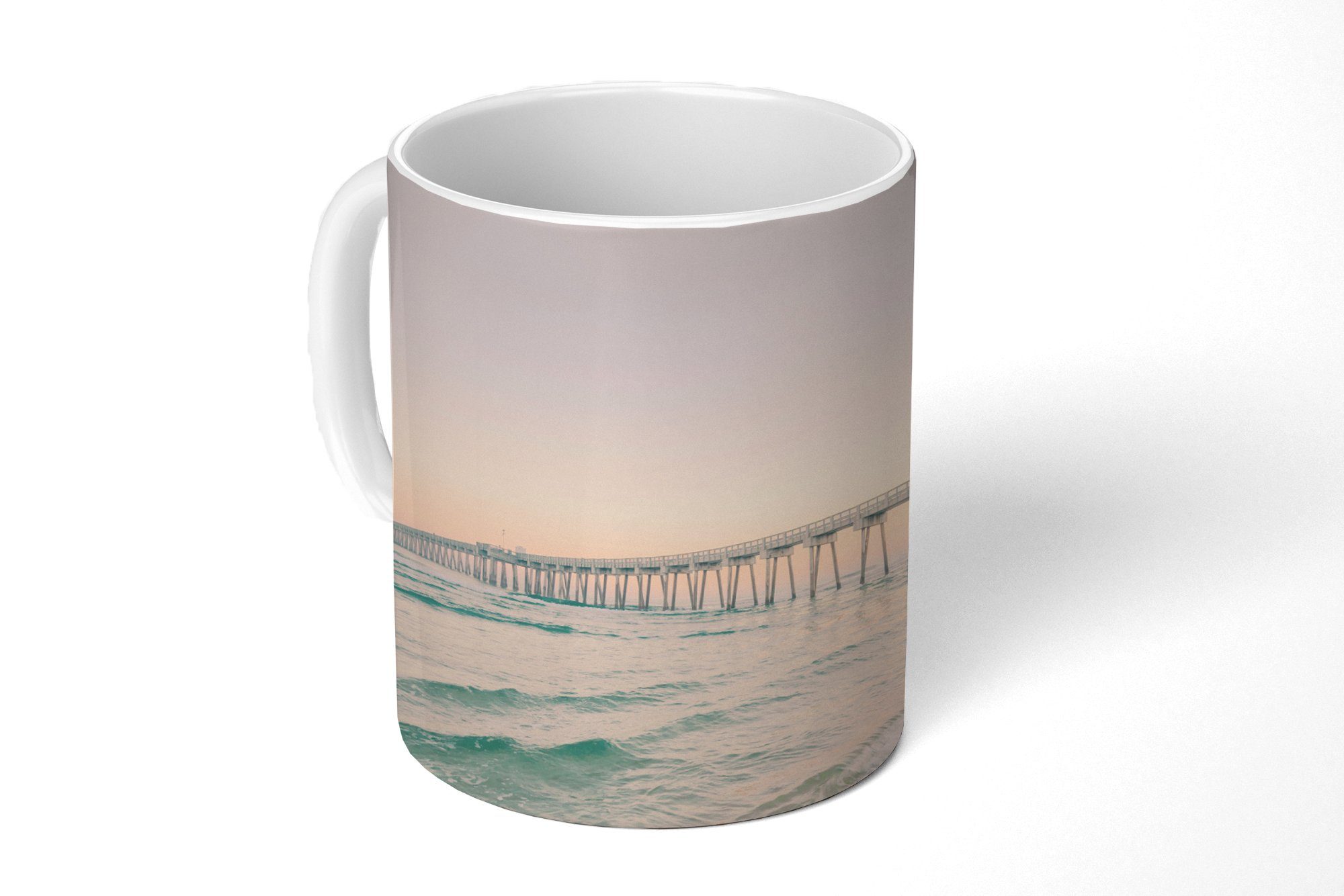 MuchoWow Tasse Meer - Strand - Brücke - Natur - Sonnenuntergang, Keramik, Kaffeetassen, Teetasse, Becher, Teetasse, Geschenk