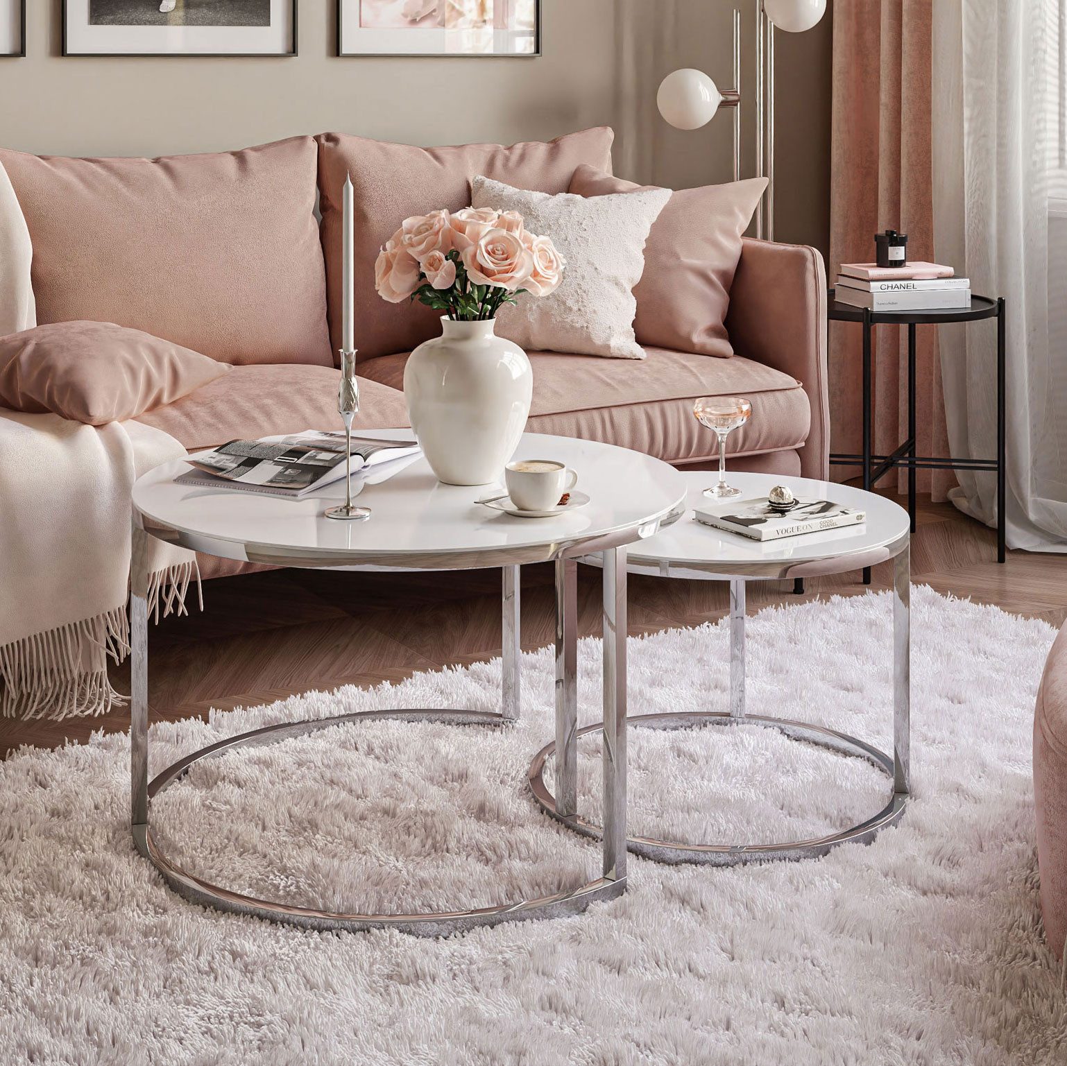 Lookway Couchtisch CIRI 2in1 GLASS mit Chromgestell (2er Set), Durchmesser: ⌀70 cm und ⌀50 cm