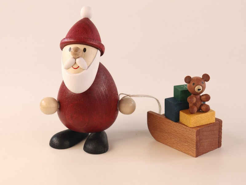 Ullrich Kunsthandwerk Weihnachtsmann Geschenkeset Weihnachtsmann mit Schlitten aus dem Erzgebirge, Klarsicht Geschenkbox