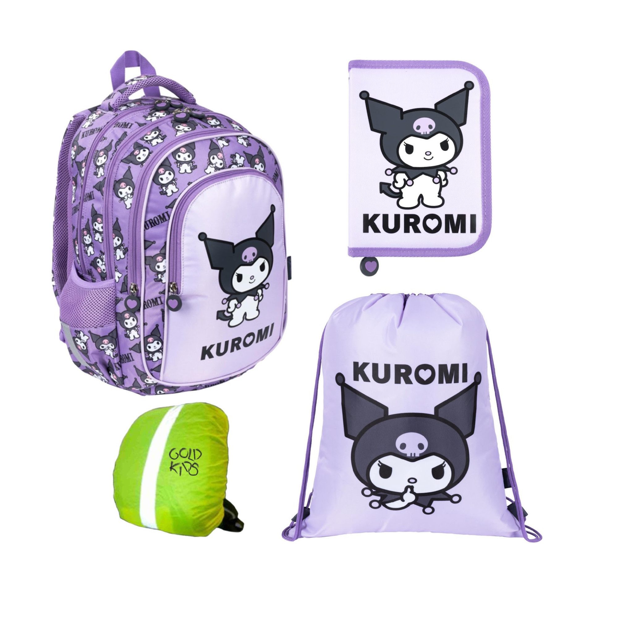 GOLDKIDS Schulranzen für Jungen und Mädchen, 4er-Set - (Schul-Rucksack für Kinder mit Federmäppchen -, Schuhbeutel und Regenschutz), - Kuromi Motiv
