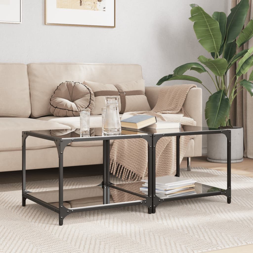 vidaXL Couchtisch Couchtische mit Glasplatte 2 Stk. Schwarz 50x50x40 cm Stahl (2-St)