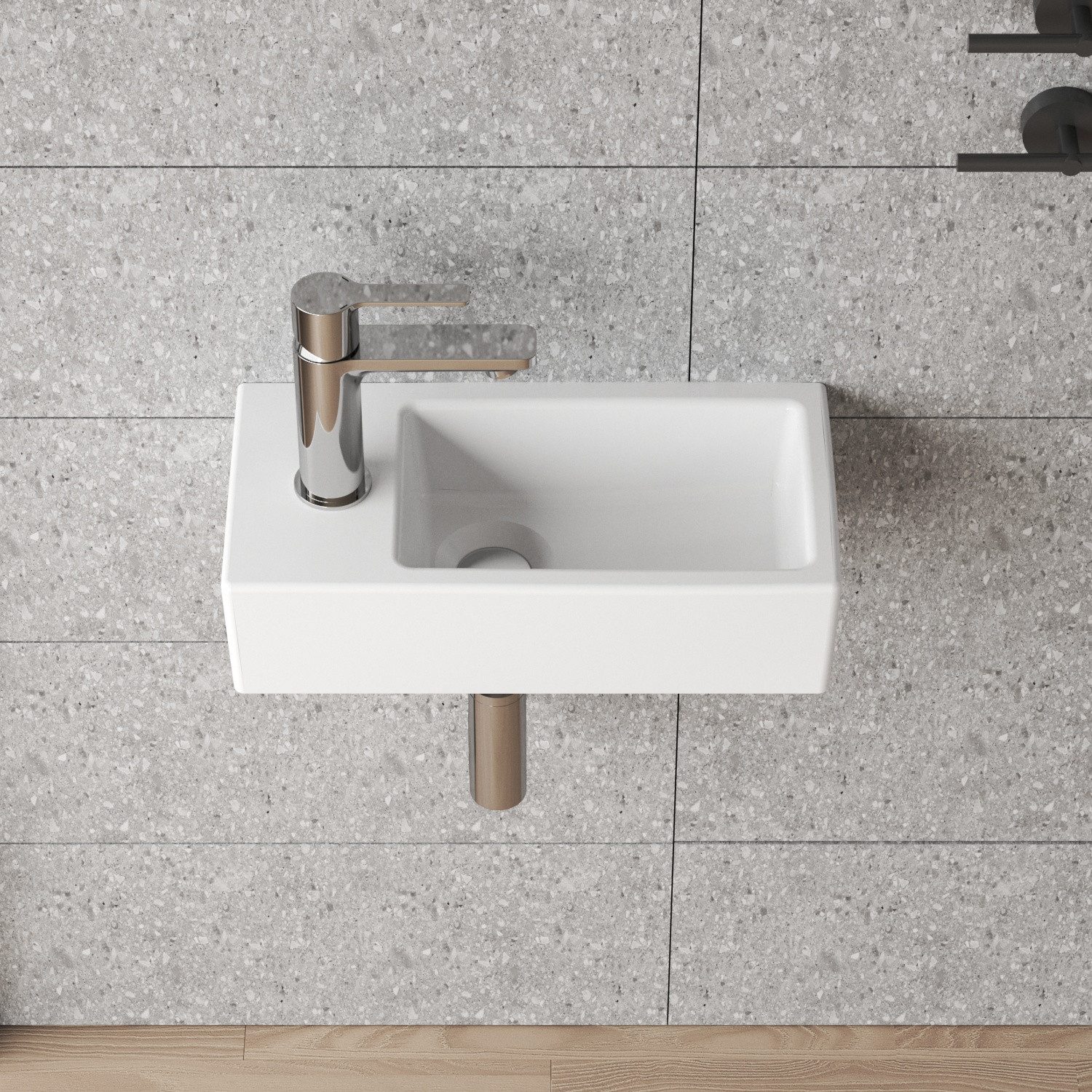 AQUABATOS Aufsatzwaschbecken Mini Waschbecken Hängewaschbecken für kleine Bäder Keramik 40.5*20 cm (ohne Überlauf,Ultradünner Rand), rechteckiges Aufsatzwaschbecken, mit Hahnlöcher Links, Weiß Spülbecken