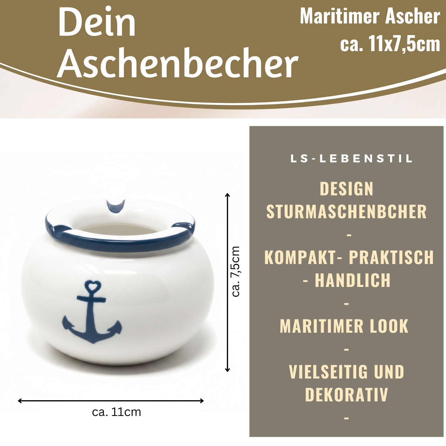 LS-LebenStil Aschenbecher Sturmaschenbecher Anker 10x7,5cm Maritim Weiß Blau mit Deckel, Windaschenbecher Ashtray Tischaschenbecher Garten Balkon Deko – Bild 2 von 5