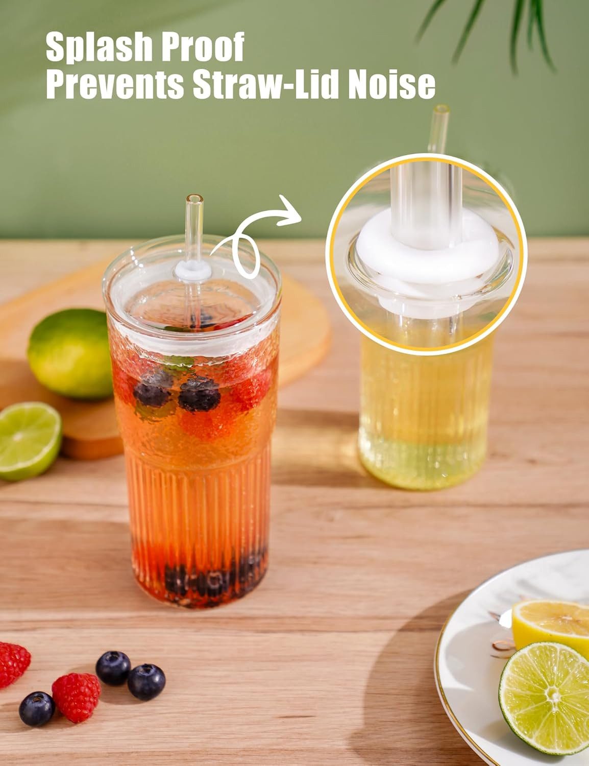 Bossjoy Cocktailglas 4er Trinkbecher Set 650ml Transparent mit Deckel & Strohhalm, Glas, Hitze- & kältebeständig, spülmaschinengeeignet – Bild 2 von 5