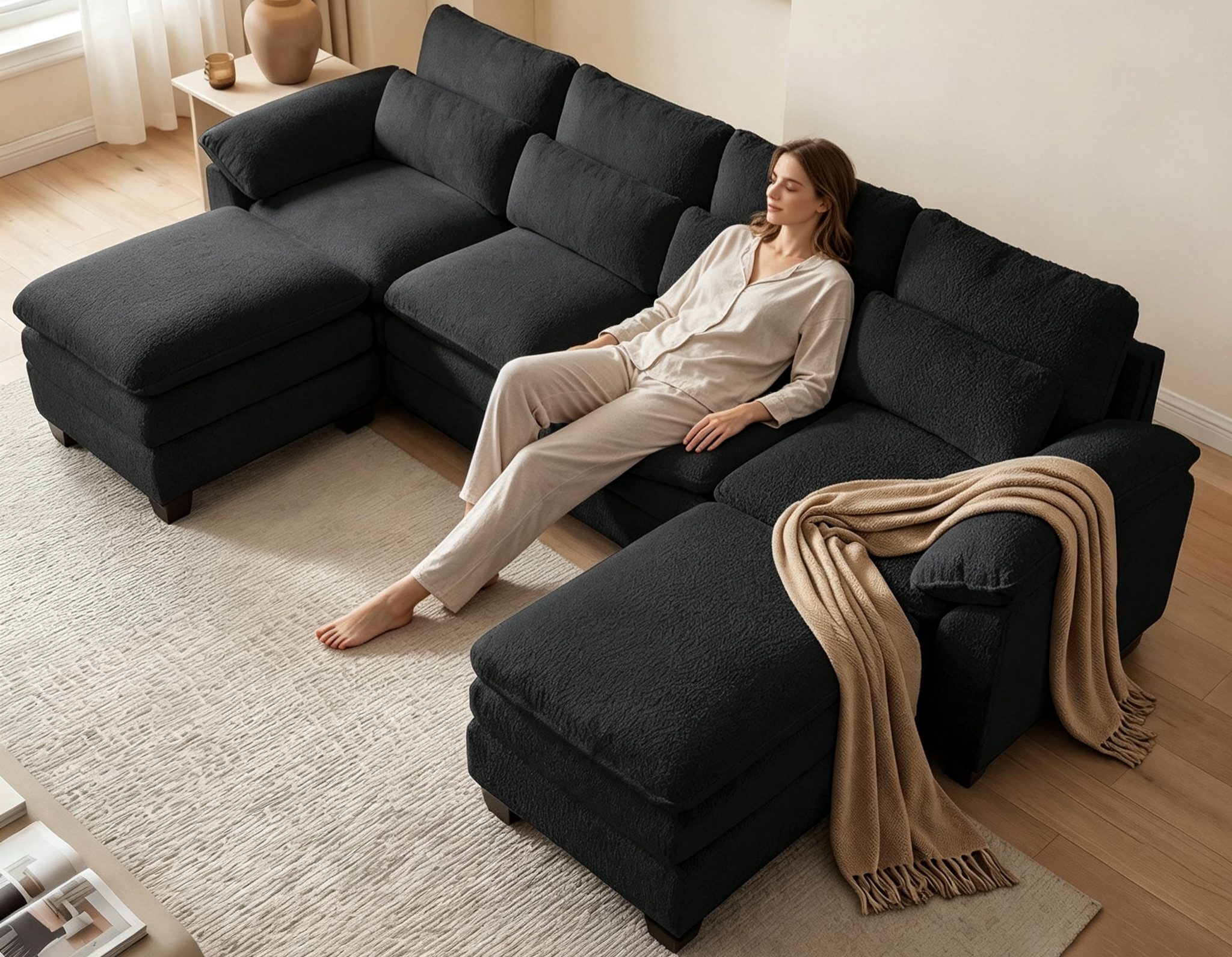 Patbrela Ecksofa modulares Sofa,15 cm dickes Sitzkissen,Breite 226/283cm, Schlafsofa,Angenehmer Teddy-Stoff,Einfache Montage