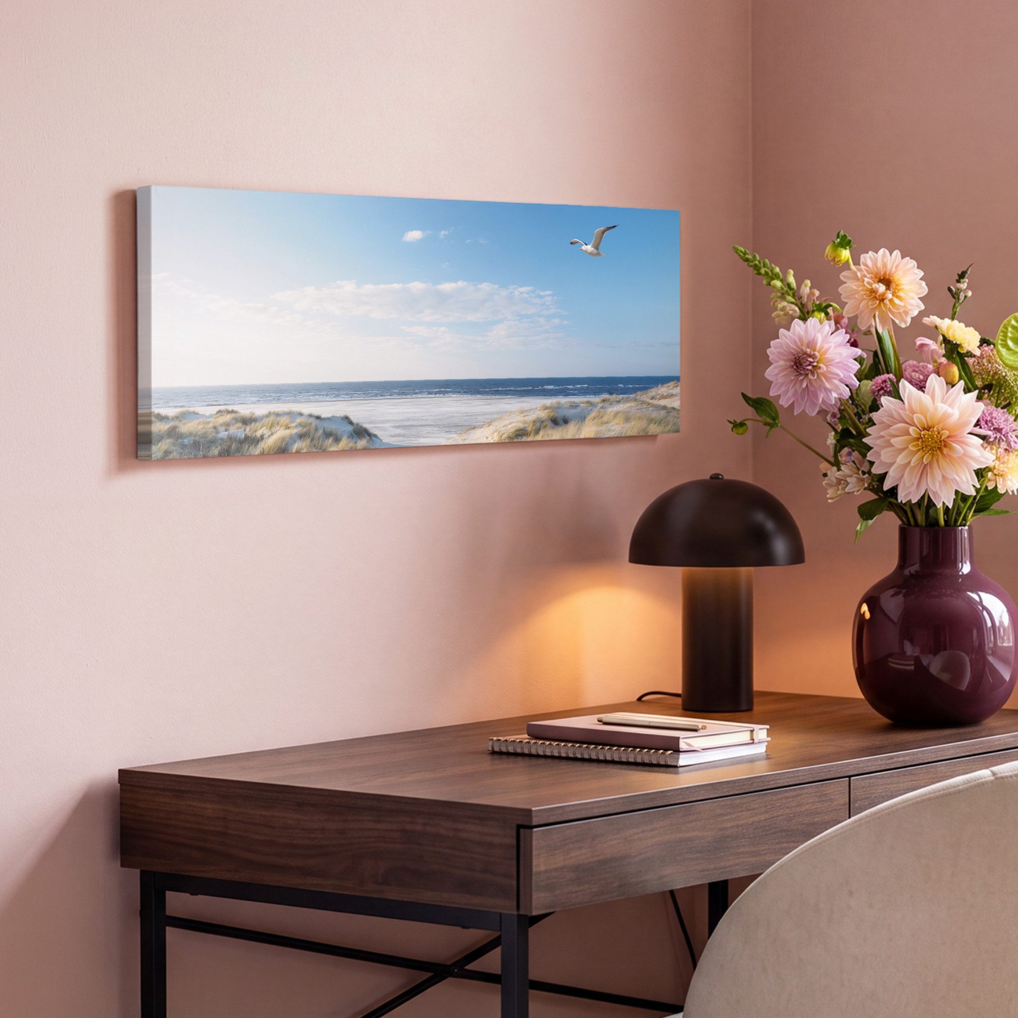 OneMillionCanvasses® Leinwandbild Panorama Düne - Möwe - Strand - Meer - Sonne, Fotodruck (1 St), Wandbild, Deko Schlafzimmer Wohnzimmer Flur 60x20 cm – Bild 4 von 5
