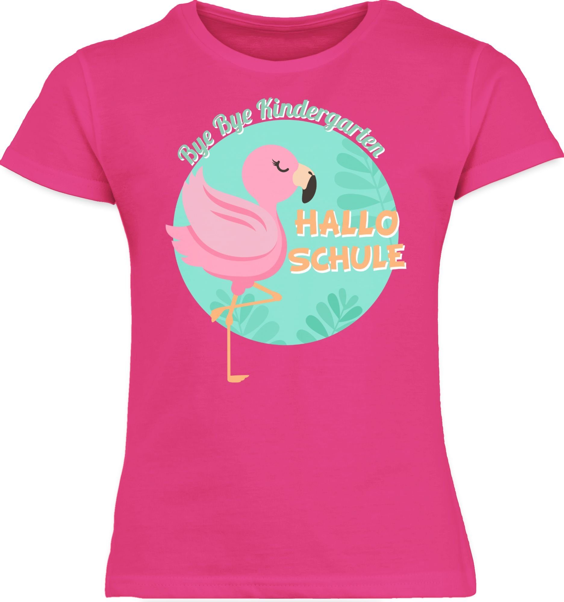 Shirtracer T-Shirt Bye Bye Kindergarten Hallo Schule Flamingo Einschulung Mädchen 1 Fuchsia