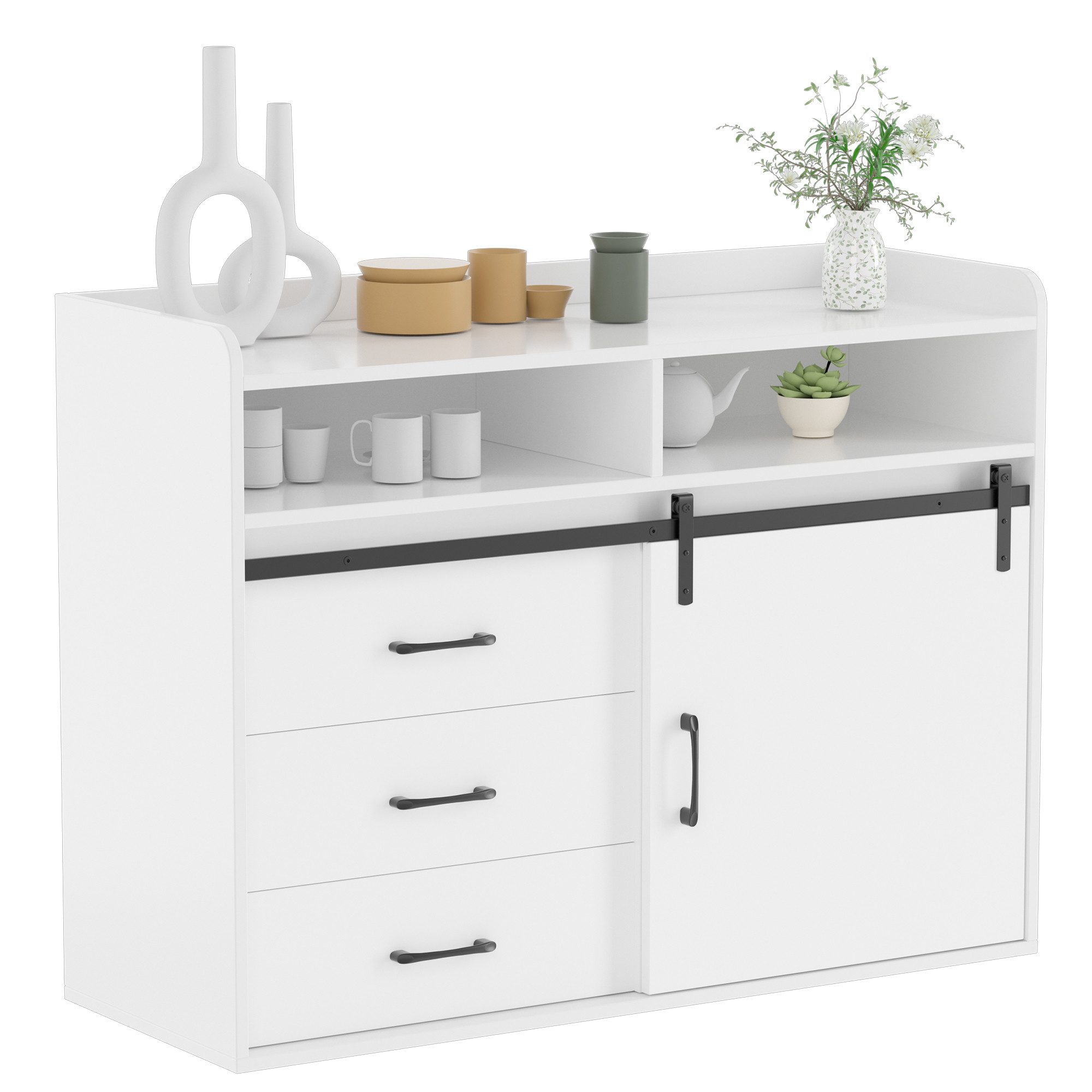 HOMAVO Sideboard HG1-S mit Schiebetür, 3 Schubladen & offenen Fächern