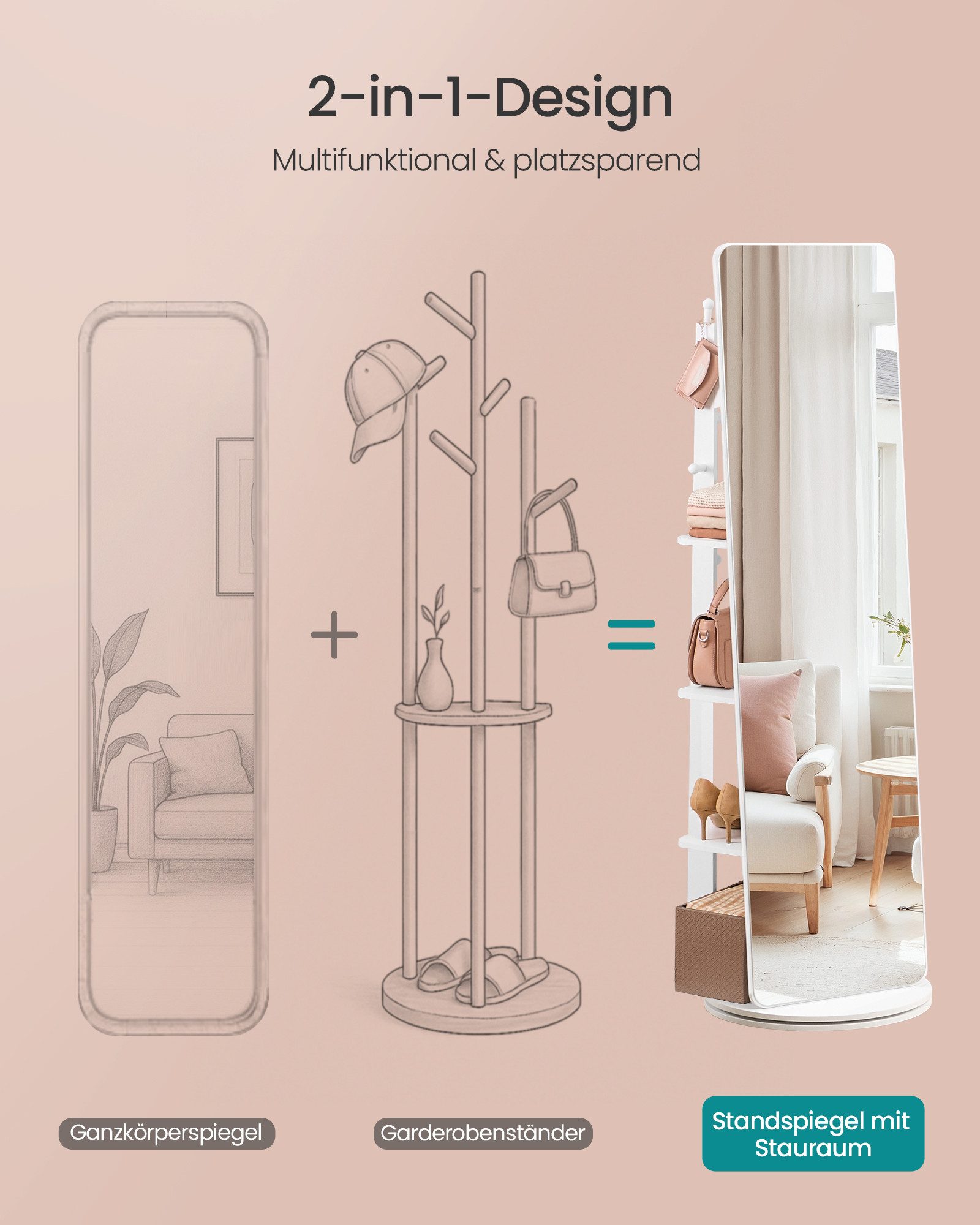 SONGMICS Standspiegel 360° drehbarer Spiegel mit Vergrößerungsspiegel, 163 x 45 cm (H×D), für Schlafzimmer, Wohnzimmer